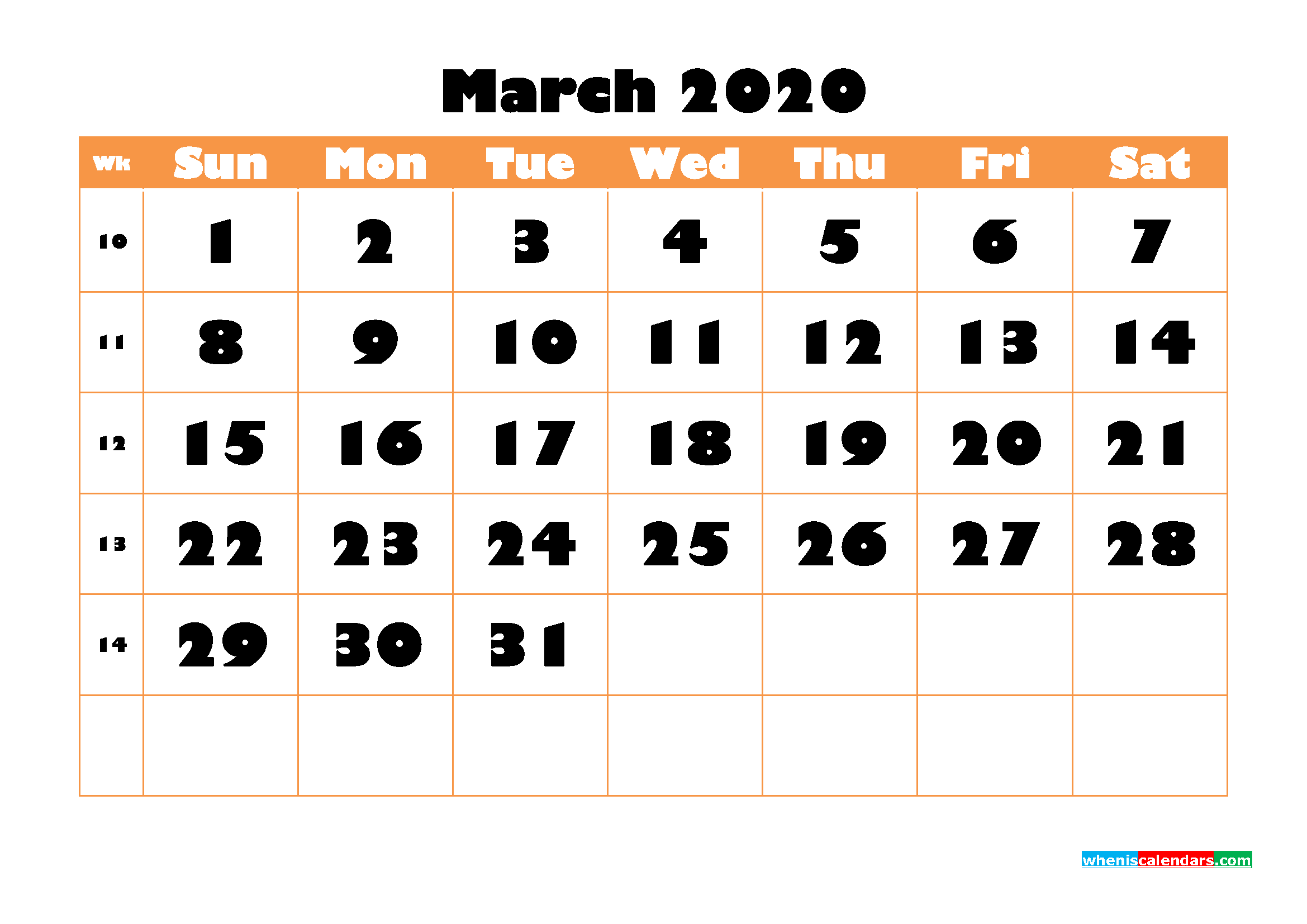 Blank March 2020 Calendar Printable Landscape Layout