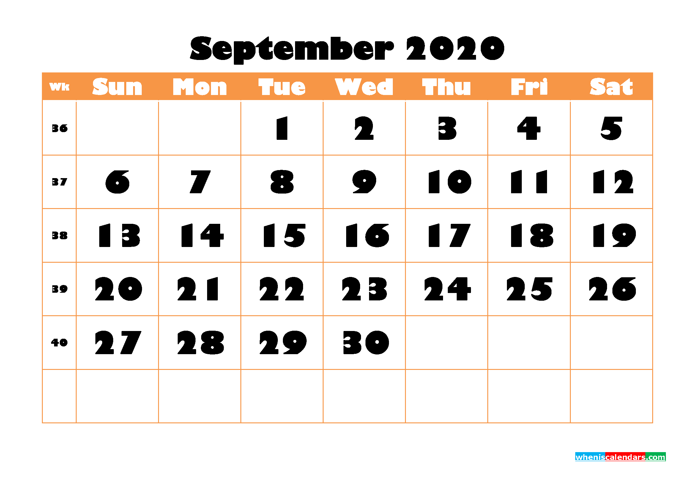 Blank September 2020 Calendar Printable Landscape Layout