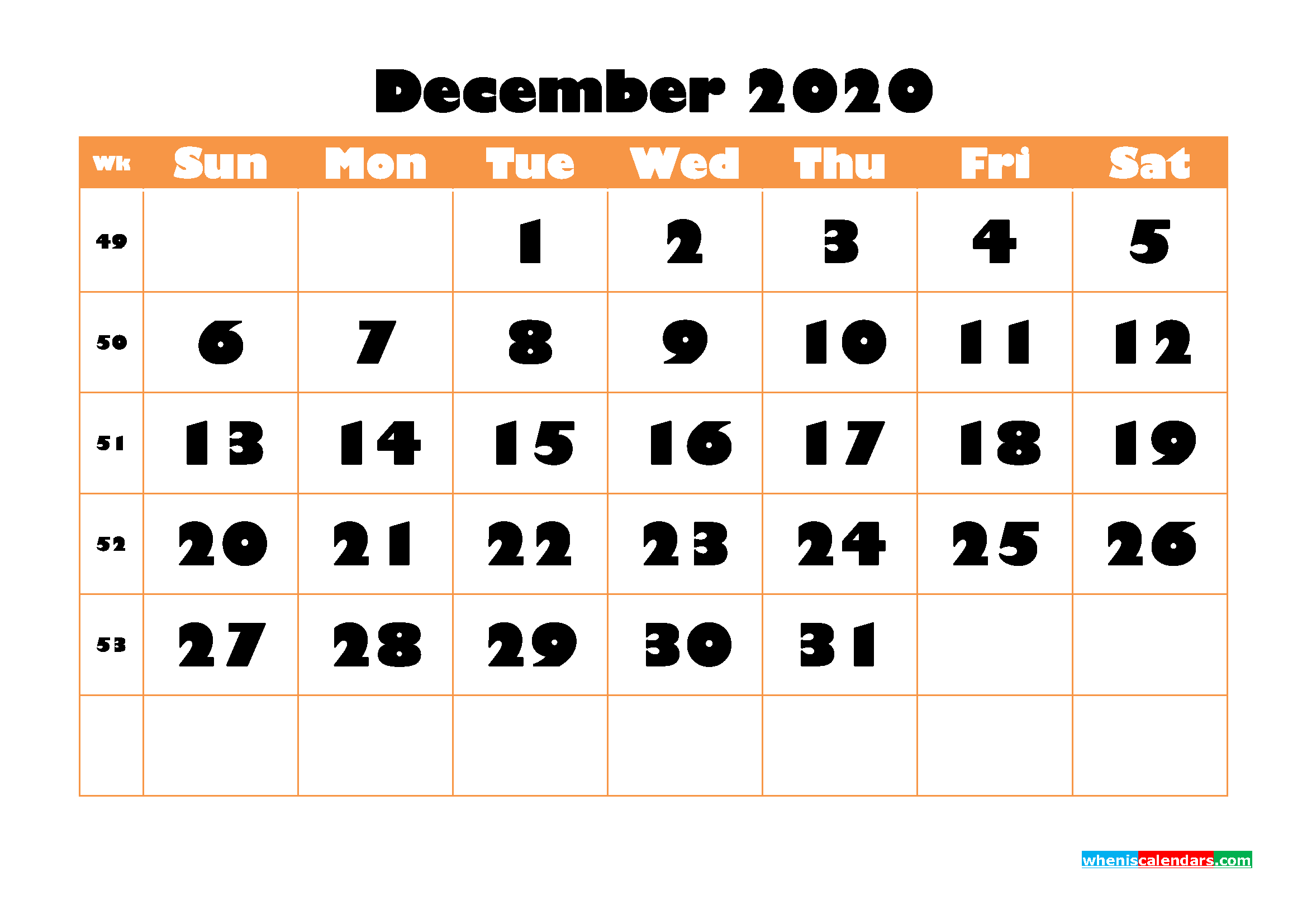 Blank December 2020 Calendar Printable - No.m20b780