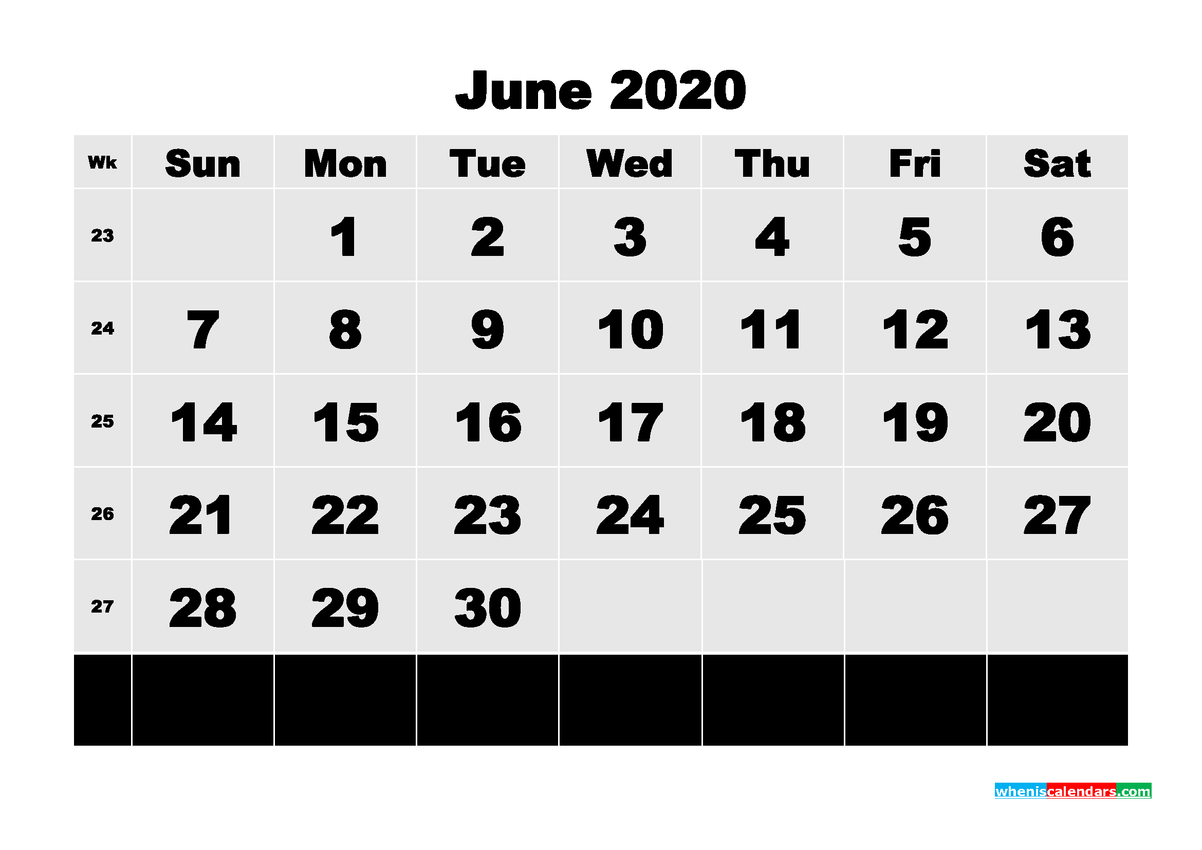 Blank Calendar 2020 June Printable Word, PDF, PNG