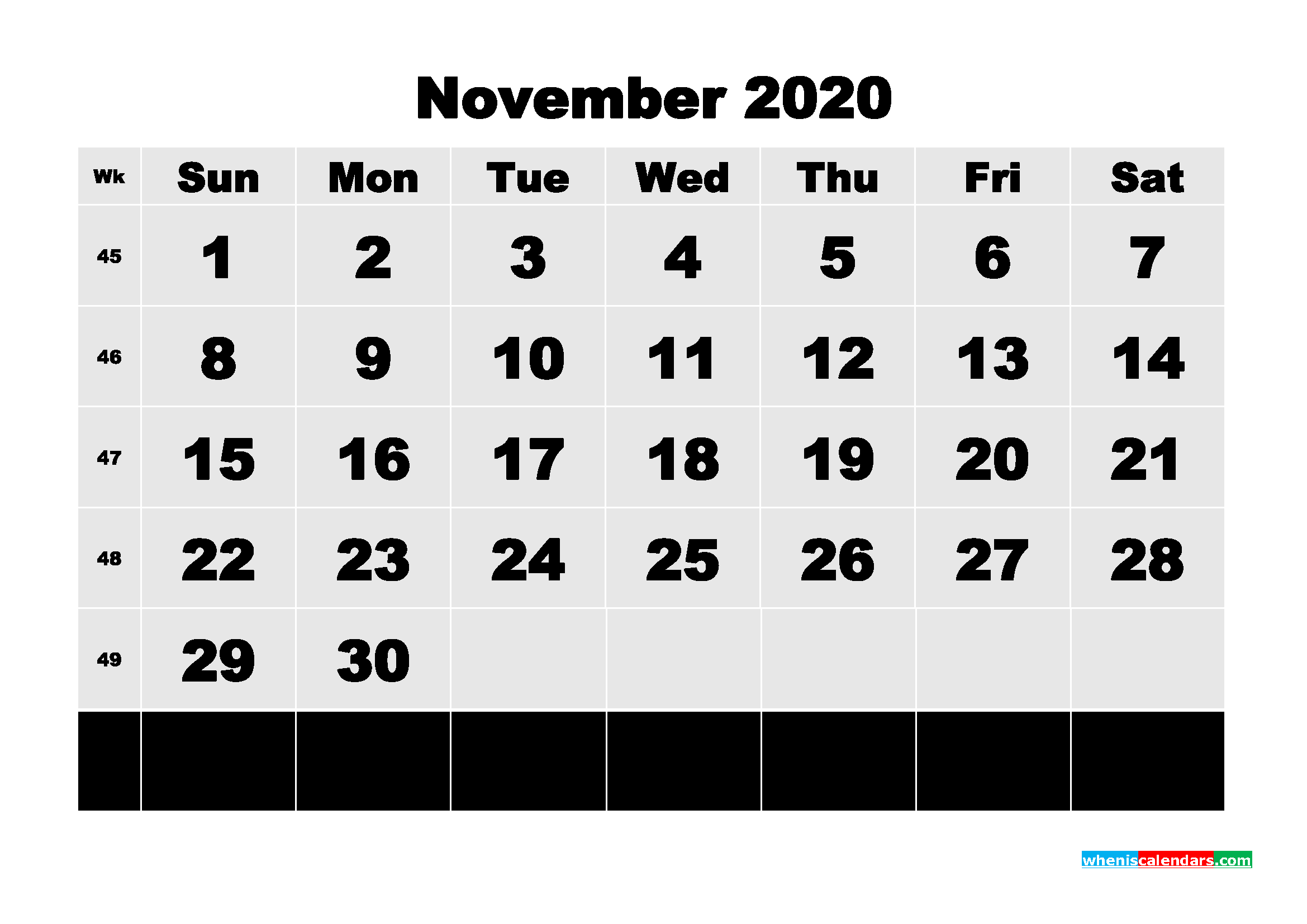 Printable 2020 Monthly Calendar with Week Numbers November