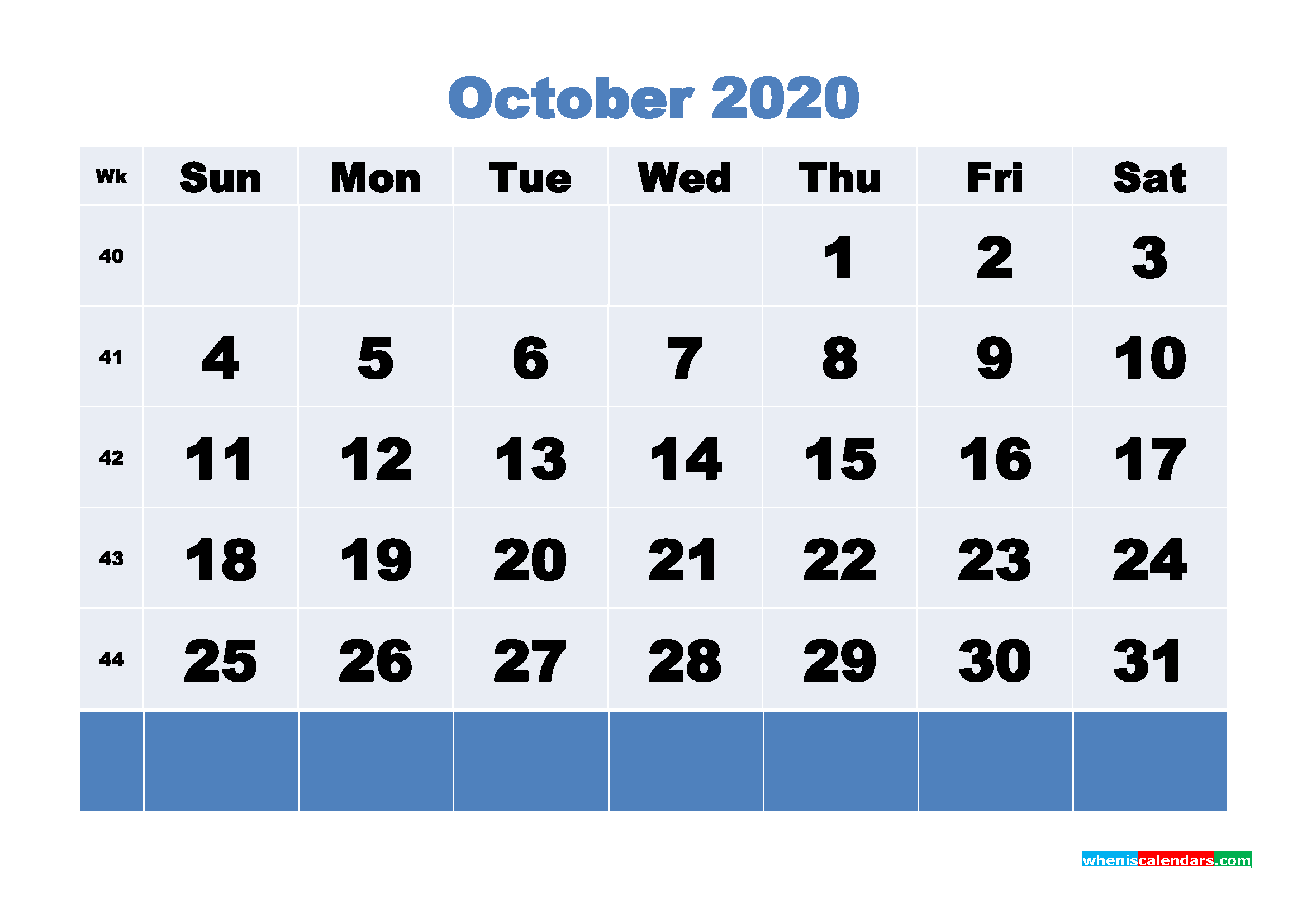 October Printable Calendar 2020 PDF, Word - No.m20b94