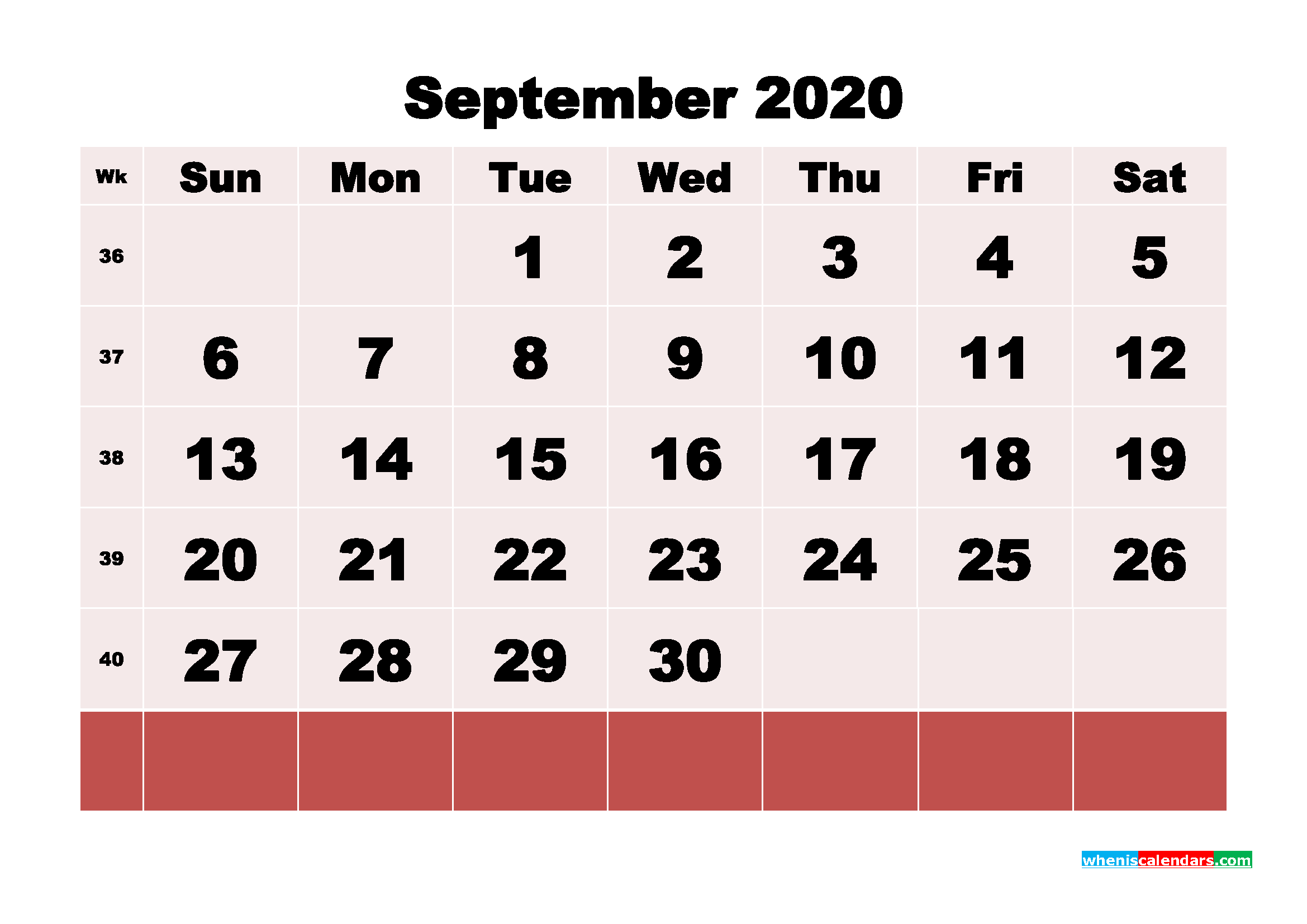 Printable Monthly Calendar 2020 September with Week Numbers