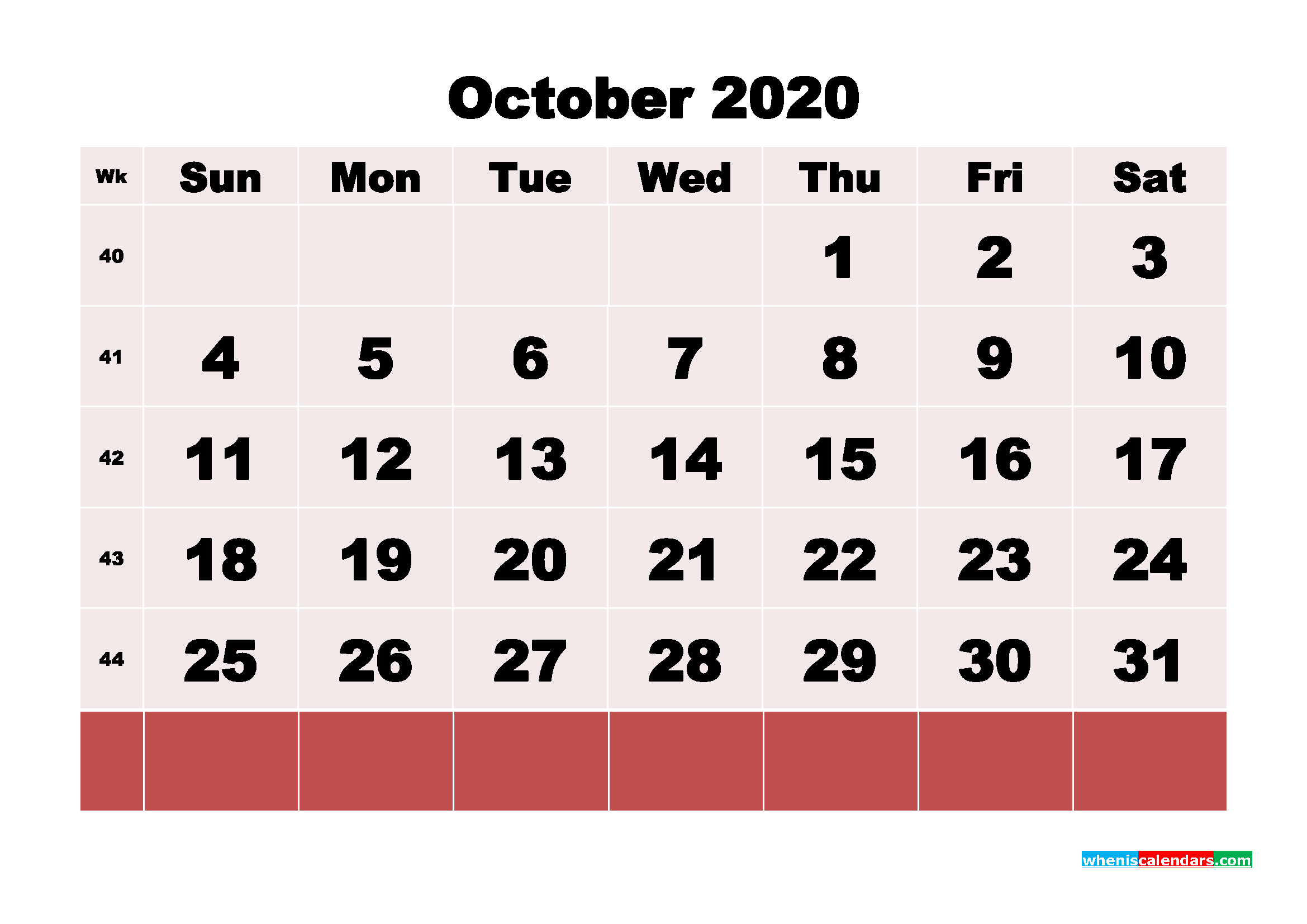 Printable Monthly Calendar 2020 October with Week Numbers