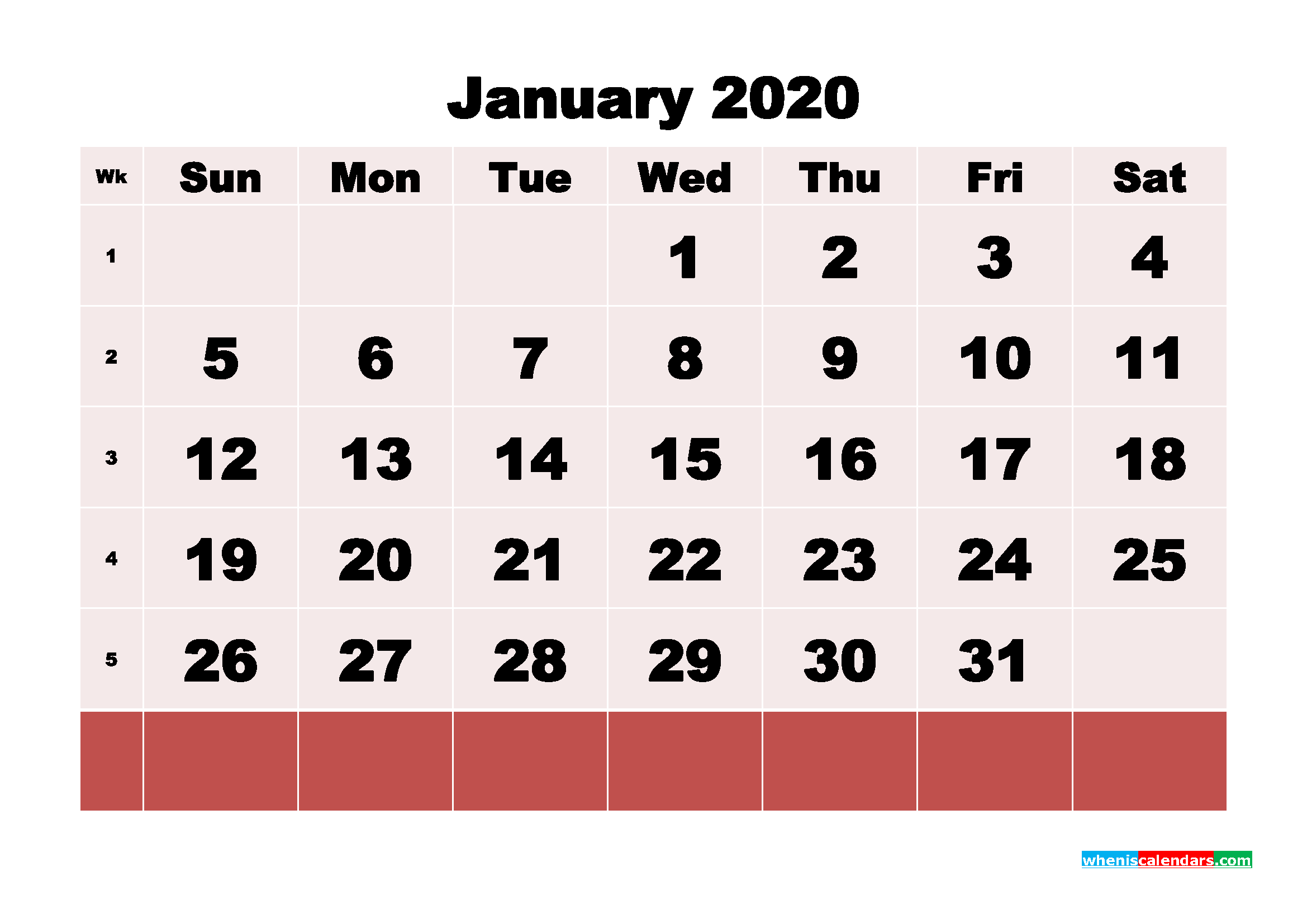 January 2020 Blank Calendar Printable Landscape Layout