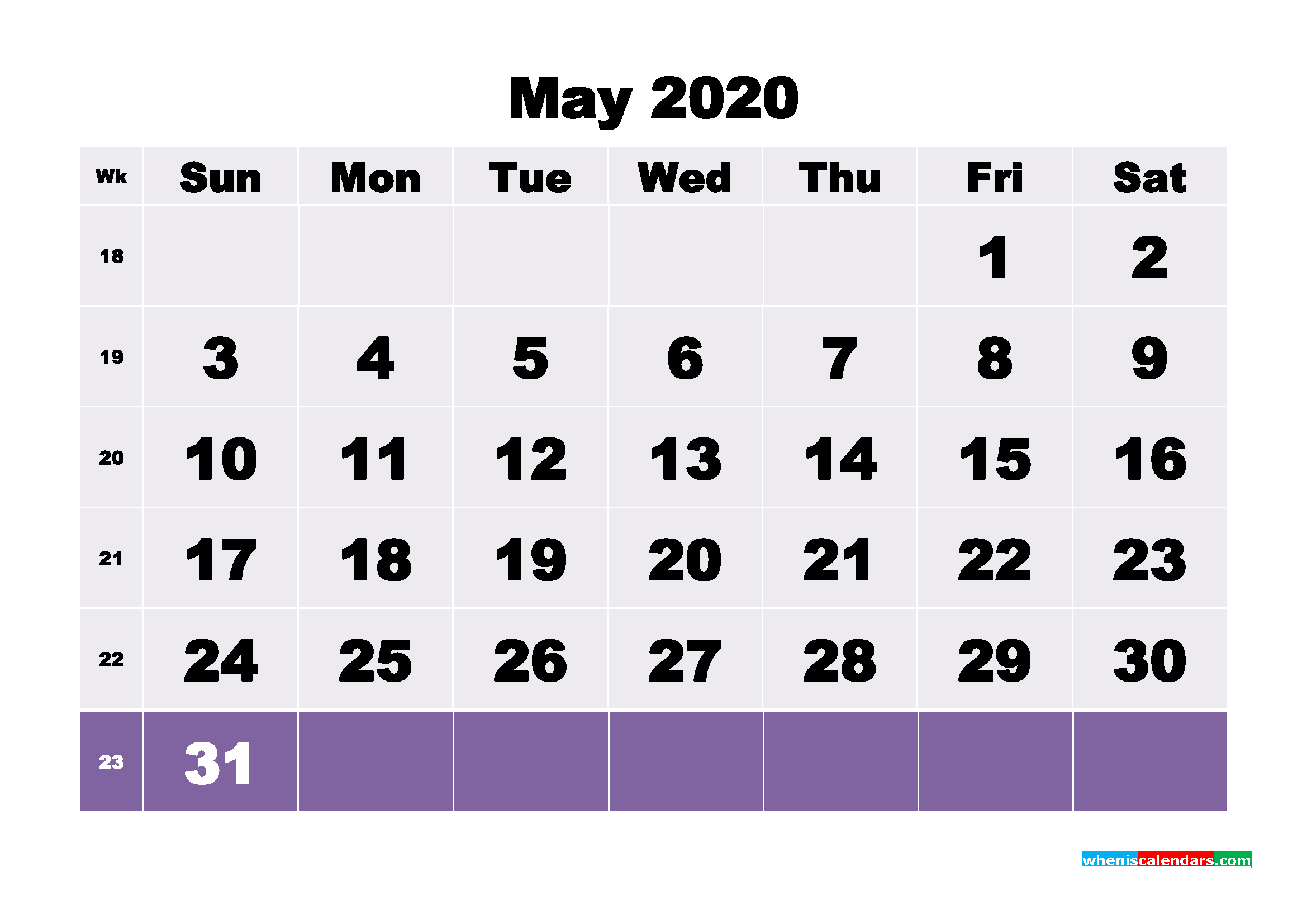 May 2020 Blank Calendar Printable Landscape Layout