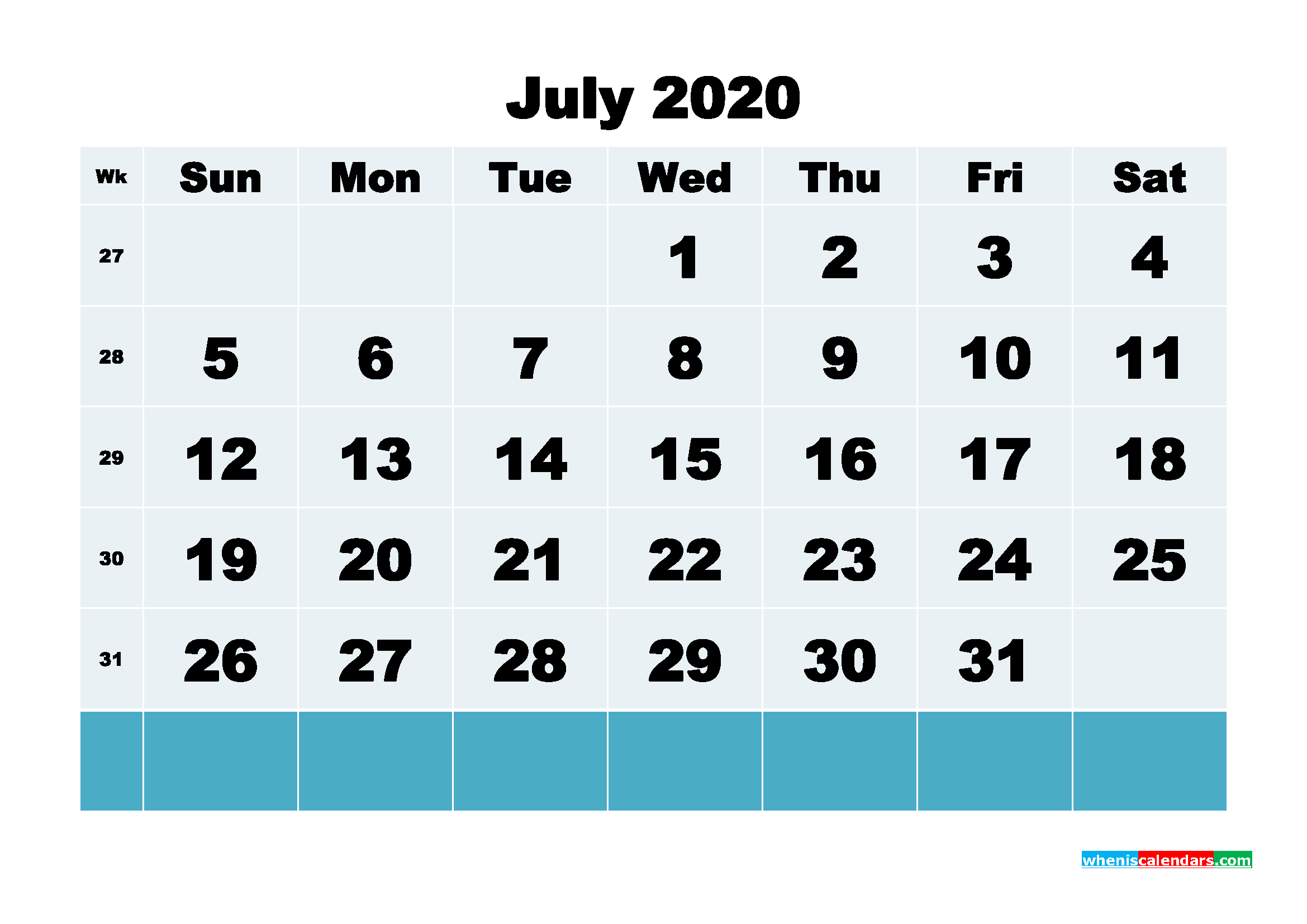 Blank Calendar for July 2020 Printable Word Format