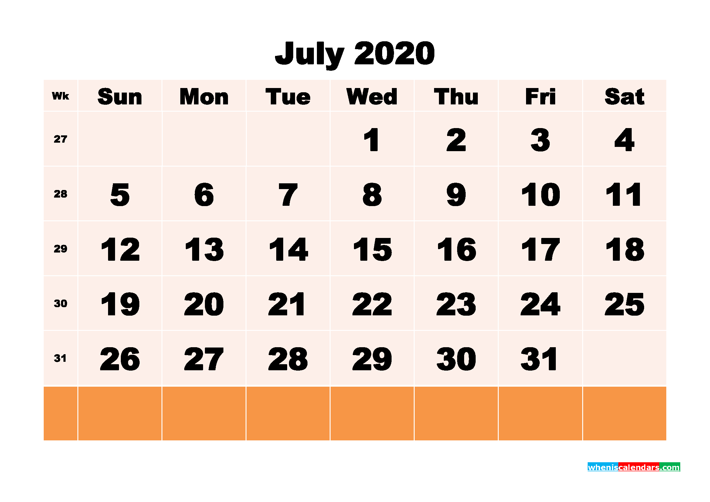 Printable 2020 Monthly Calendar with Week Numbers July