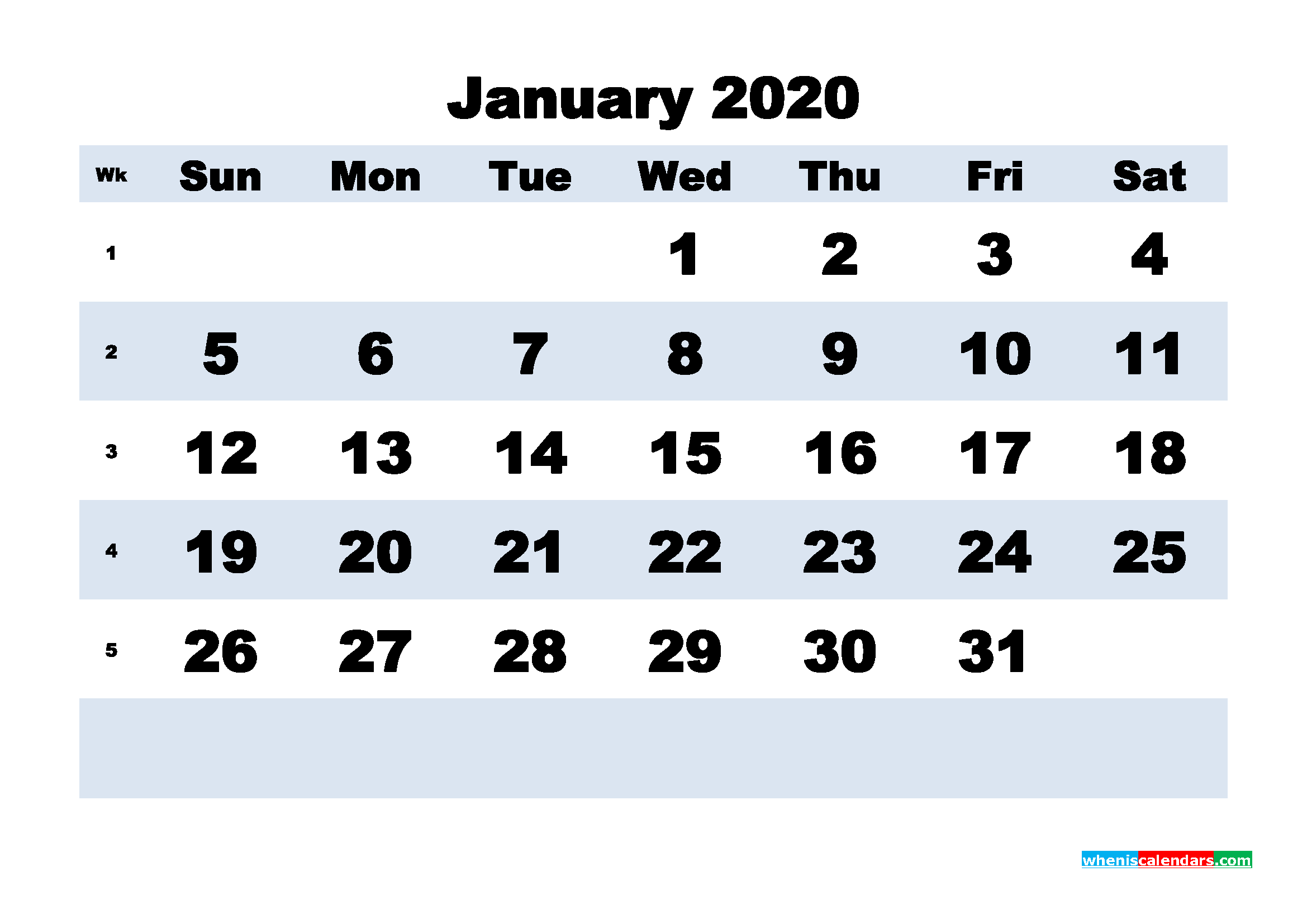 Blank 2020 January Calendar Printable Landscape Layout