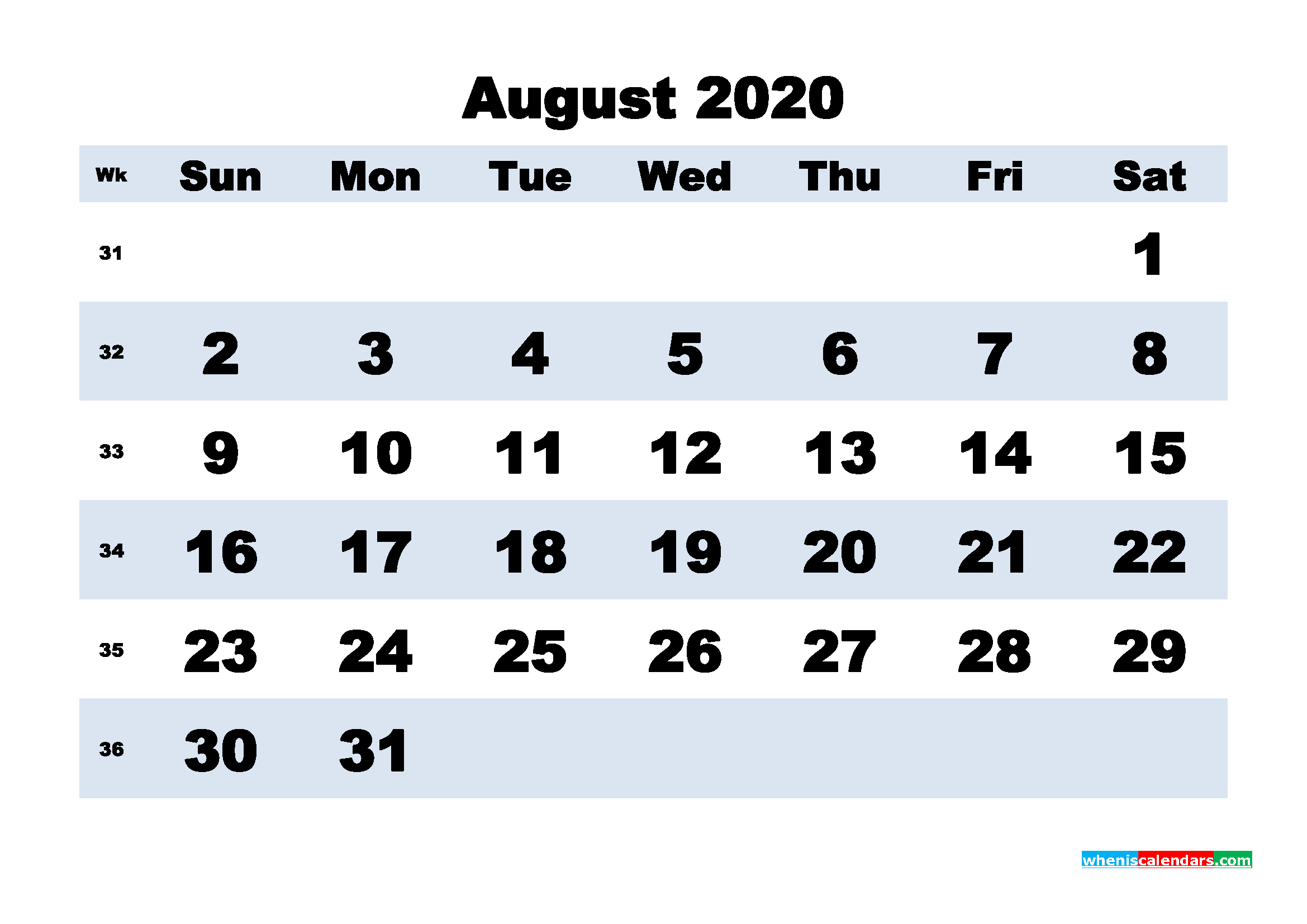 Blank 2020 August Calendar Printable Landscape Layout