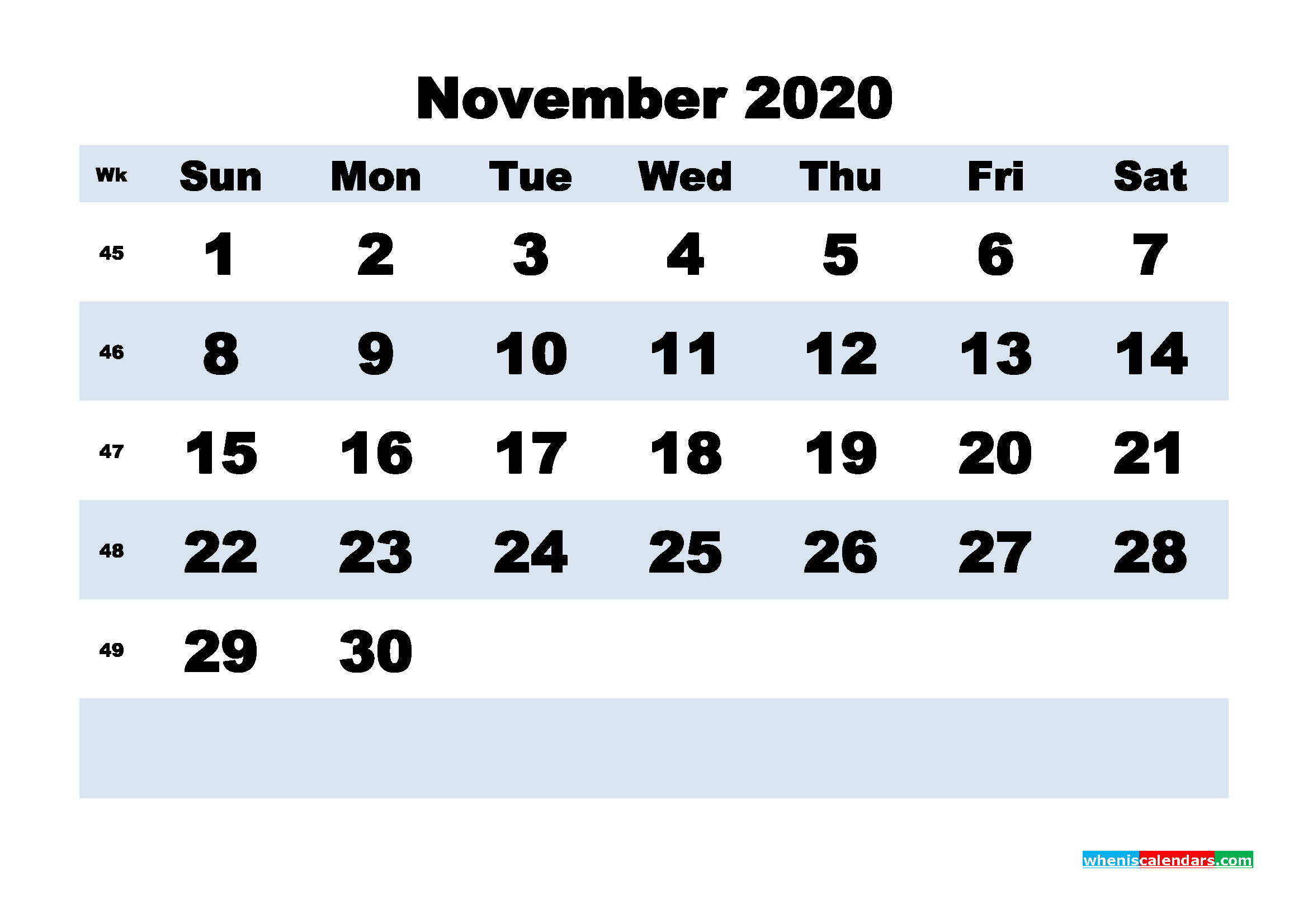 November Printable Calendar 2020 PDF, Word - No.m20b167
