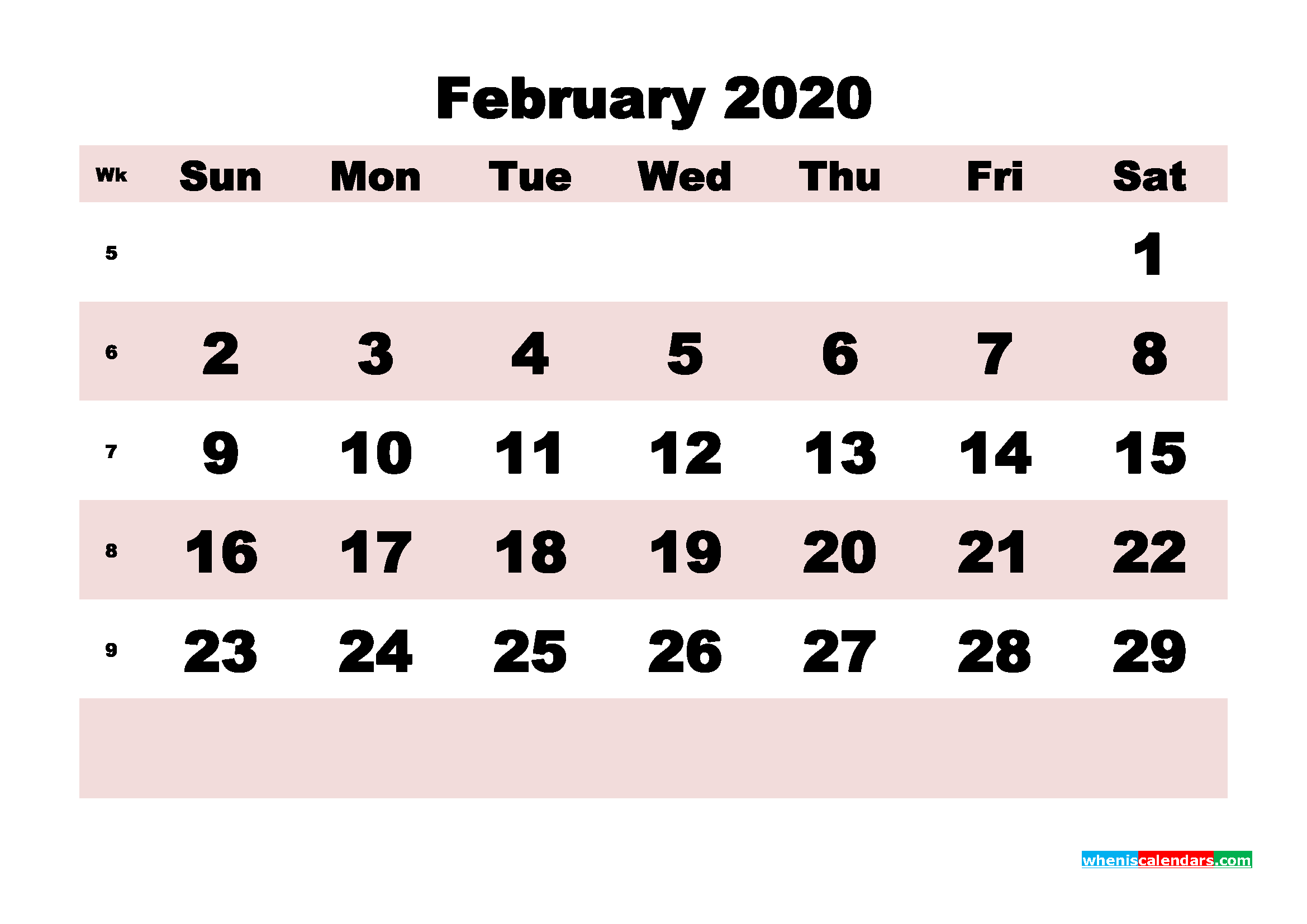 Blank Calendar 2020 February Printable Word, PDF, PNG