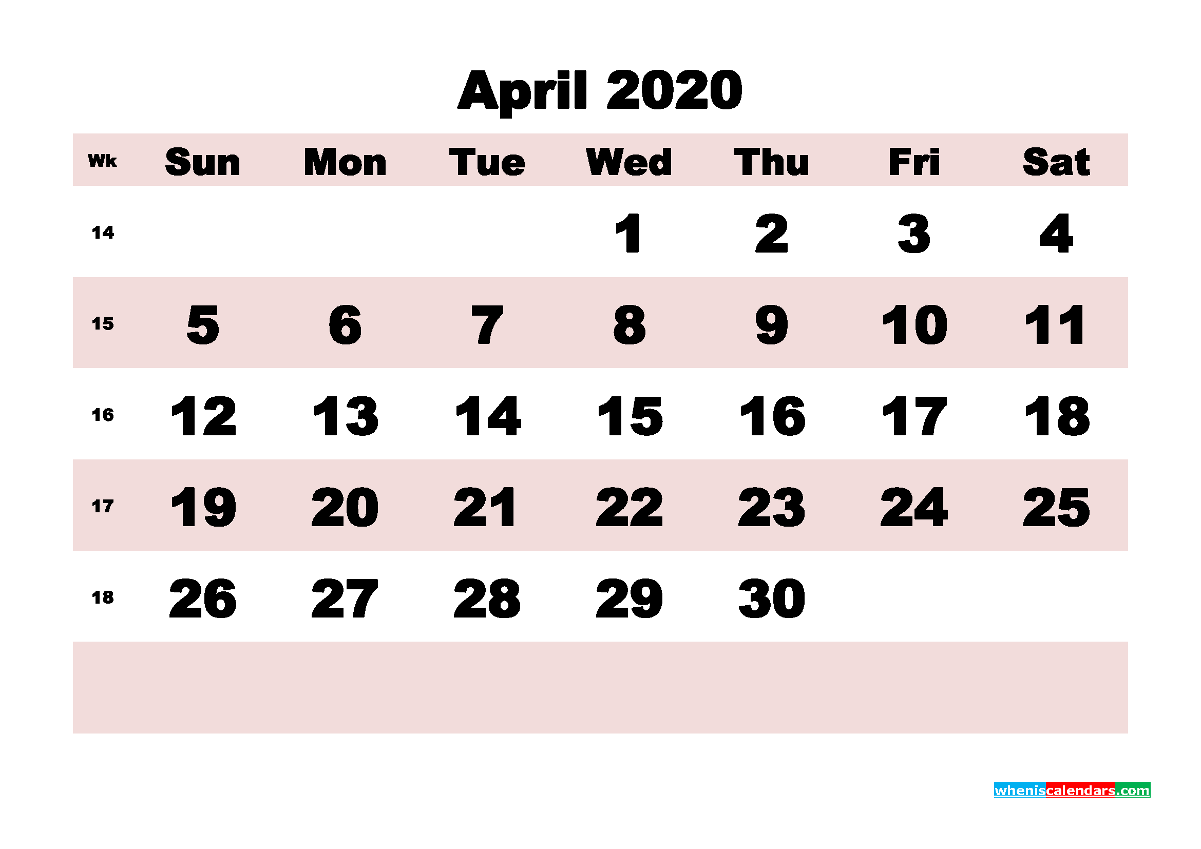 Printable Monthly Calendar 2020 April with Week Numbers