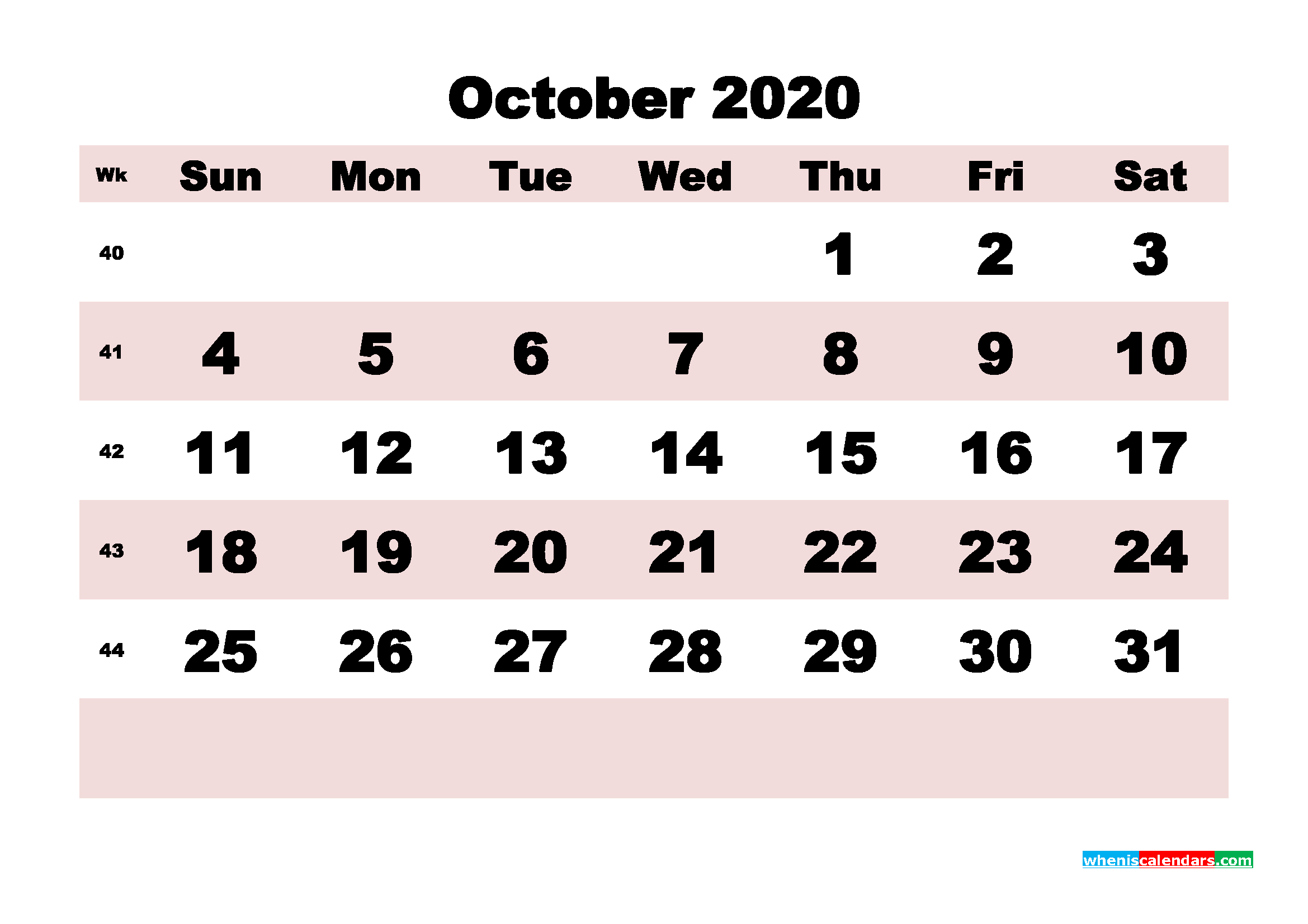 Blank Calendar 2020 October Printable Word, PDF, PNG