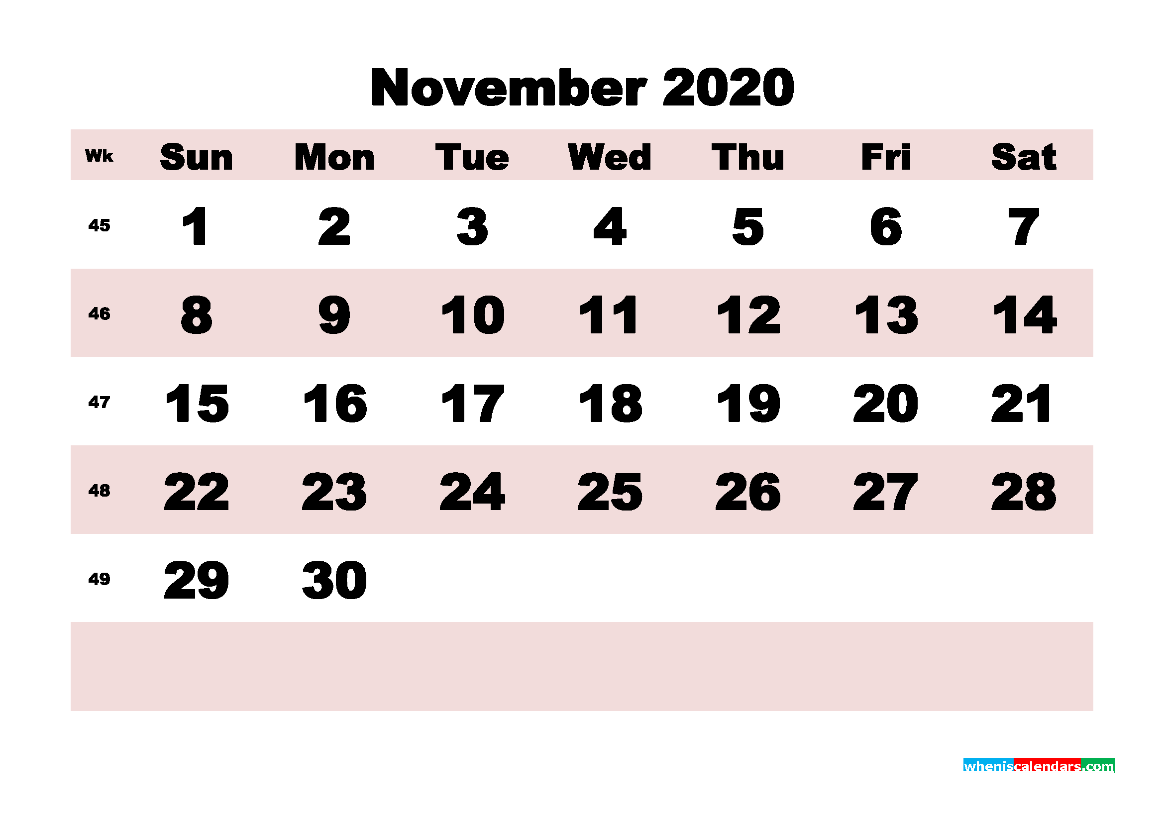 Printable Monthly Calendar 2020 November with Week Numbers