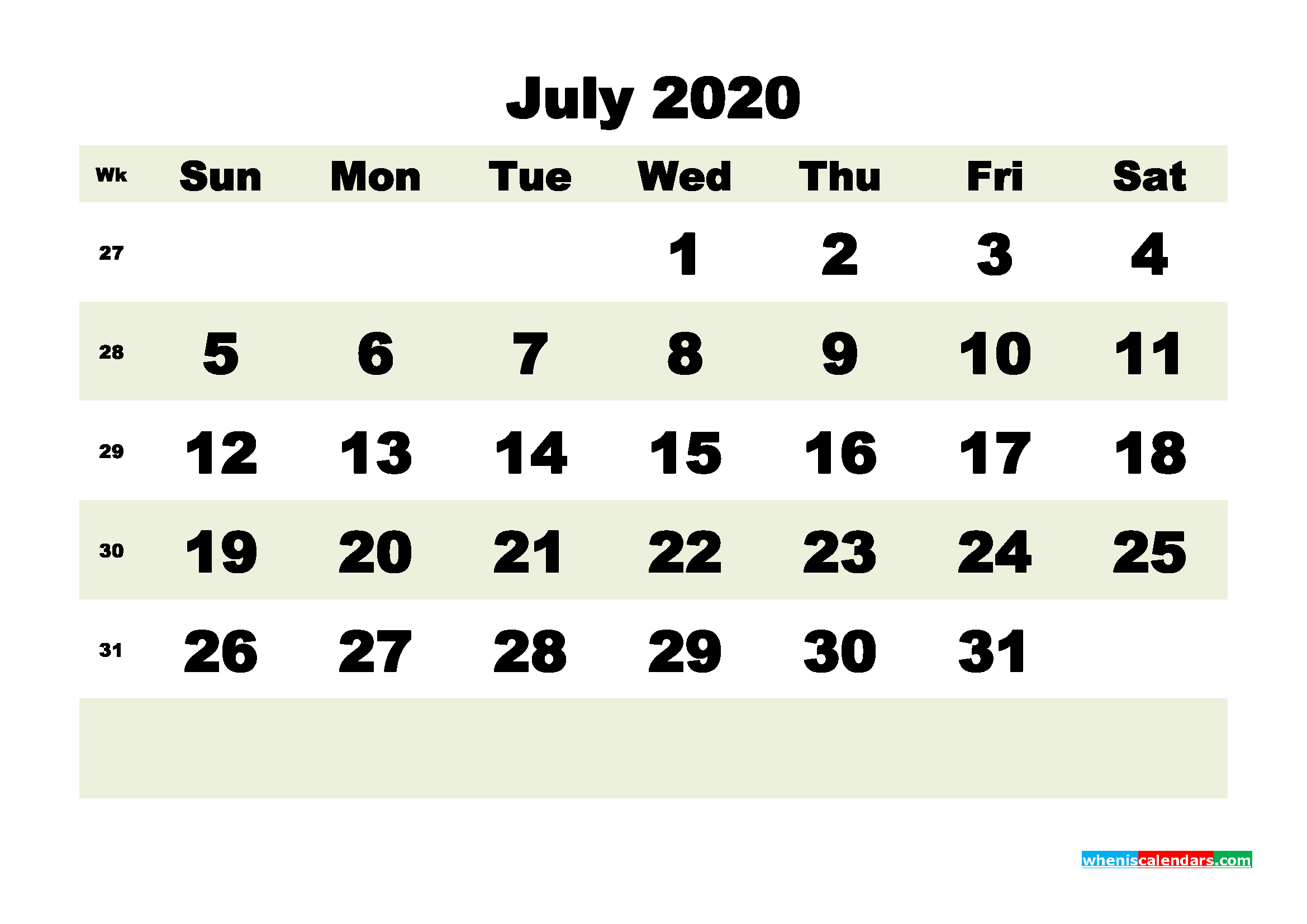 Free Blank Calendar July 2020 Printable - No.m20b187