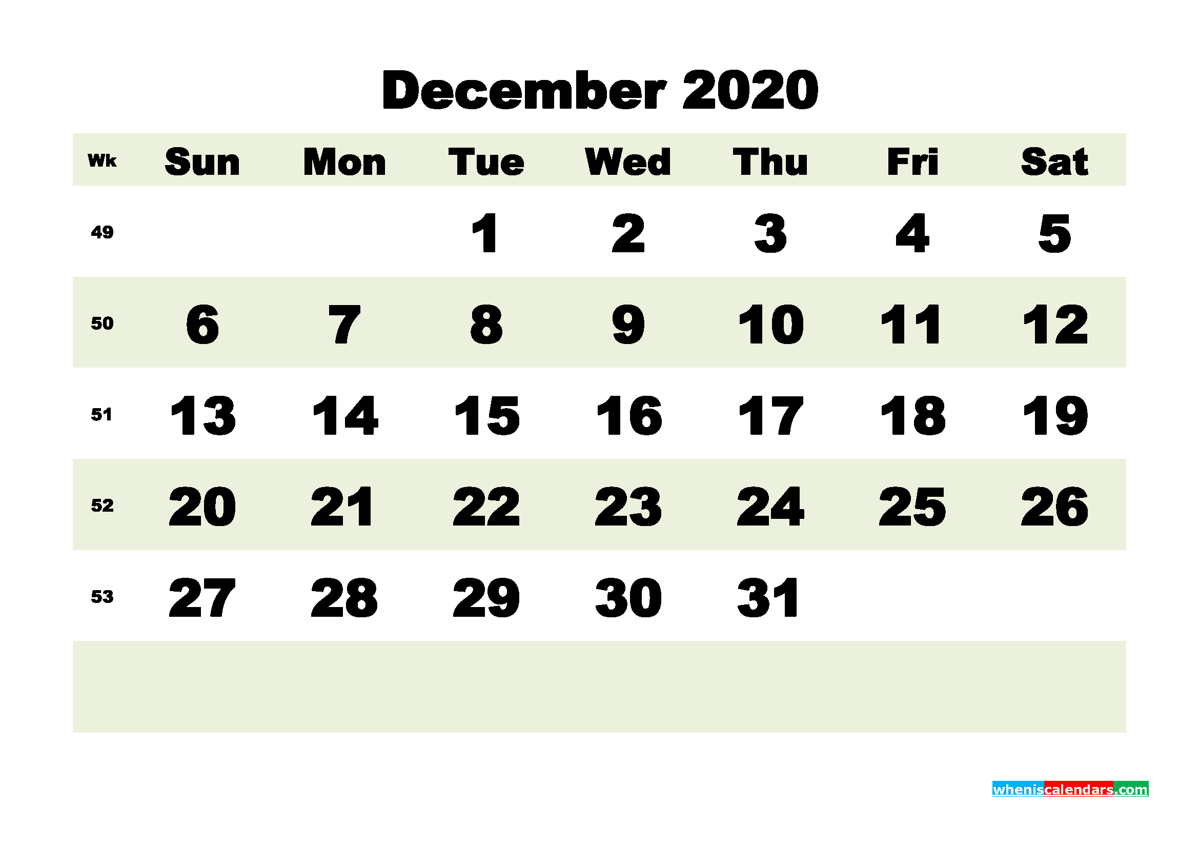 December 2020 Monthly Calendar Template Word