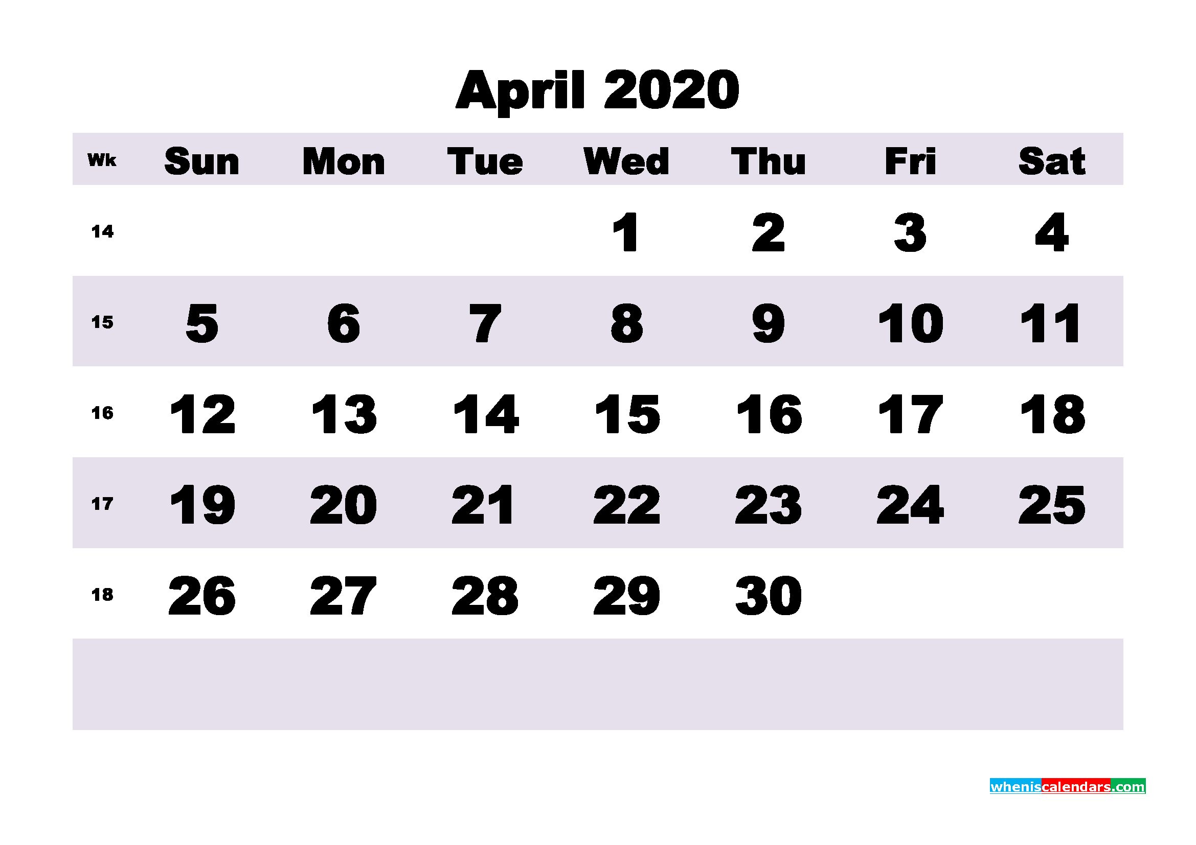 Blank April 2020 Calendar Printable Landscape Layout