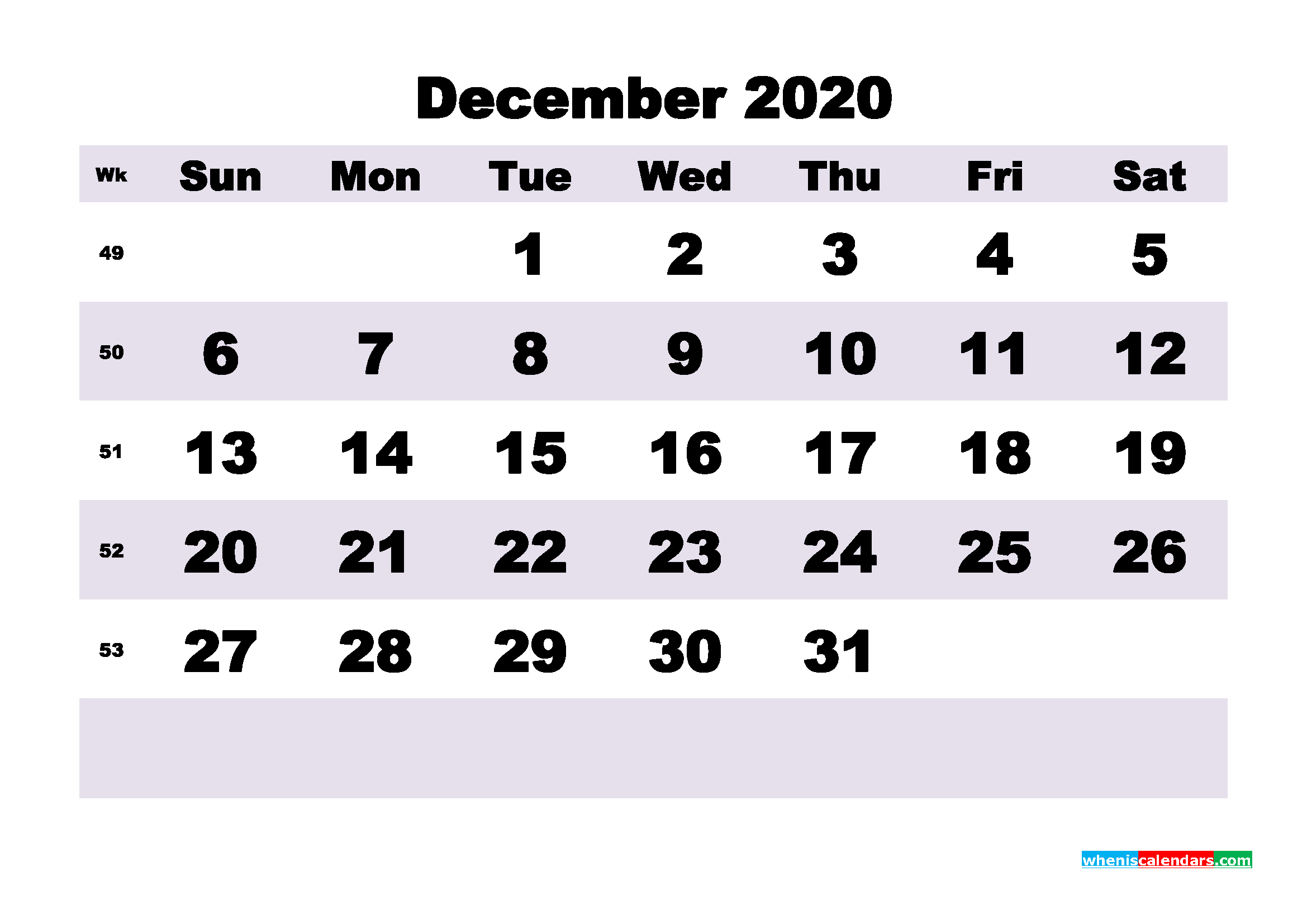 Monthly Printable Calendar 2020 December with Week Numbers