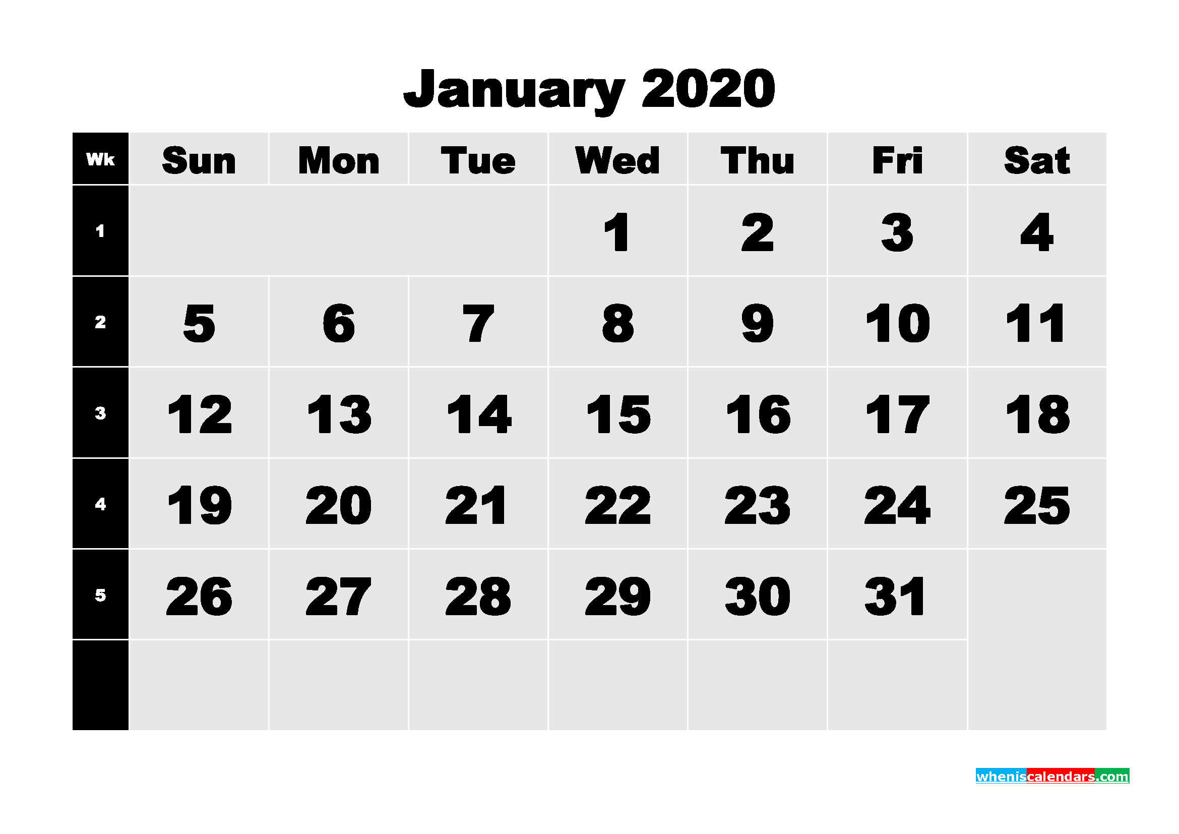 Blank Calendar January 2020 Printable Word, PDF, PNG