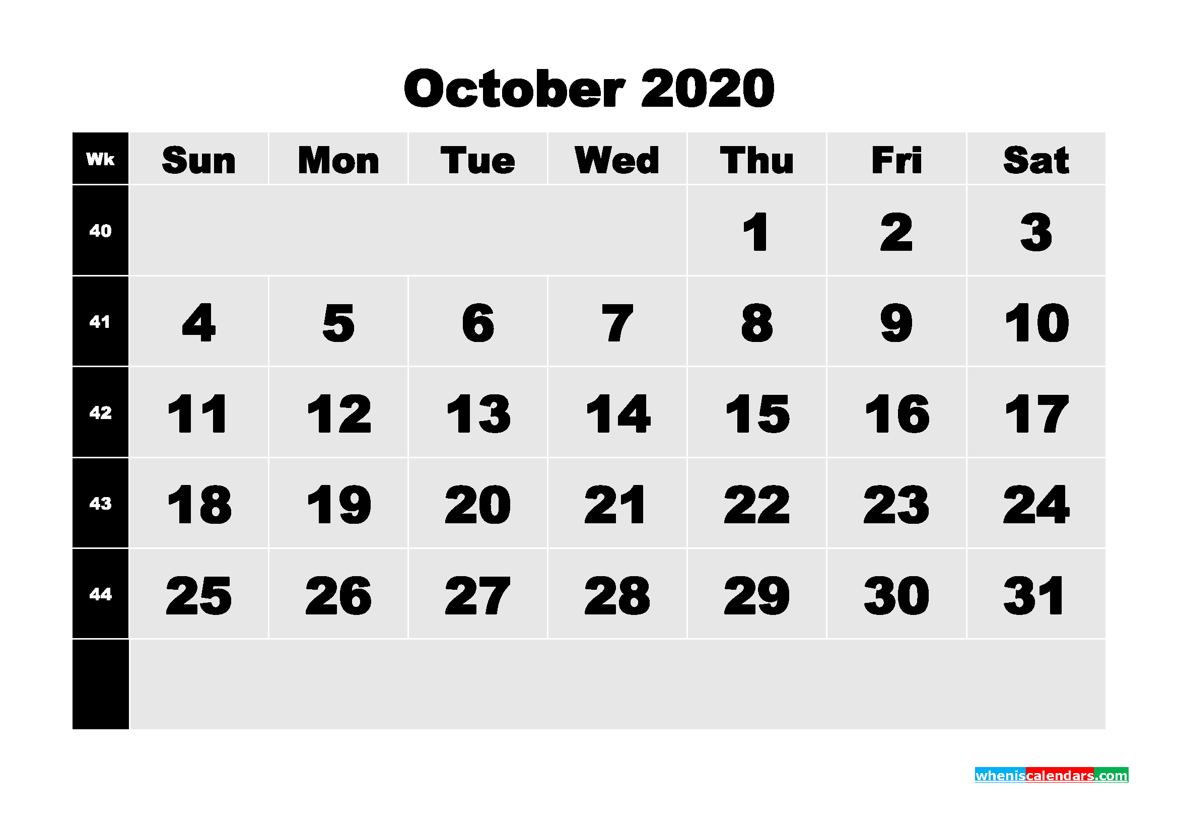 Blank Calendar October 2020 Printable Word, PDF, PNG