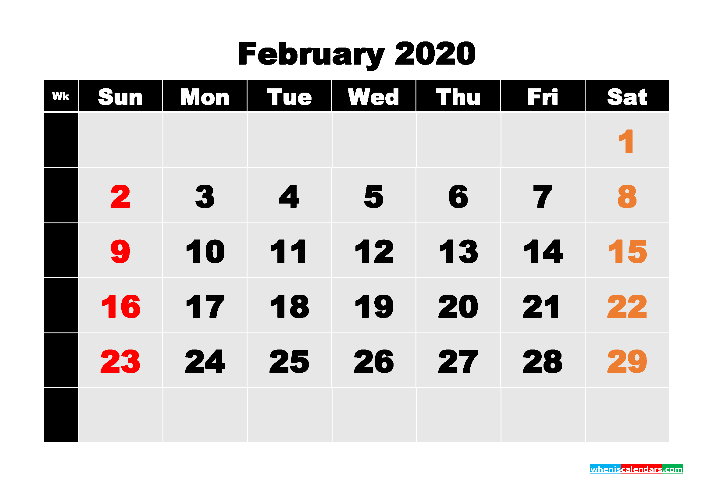 Printable 2020 Monthly Calendar with Week Numbers February