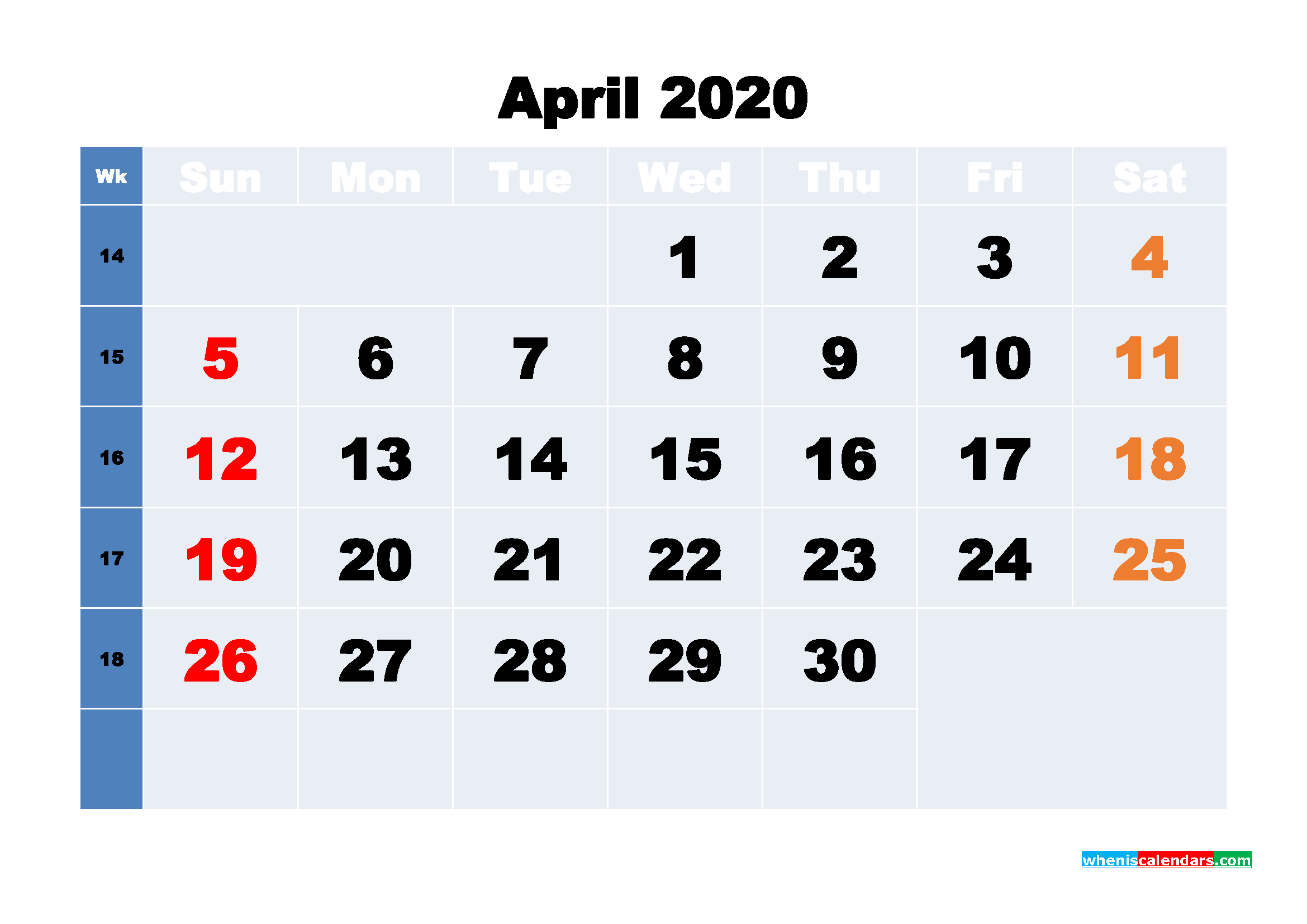 April Printable Calendar 2020 PDF, Word - No.m20b232