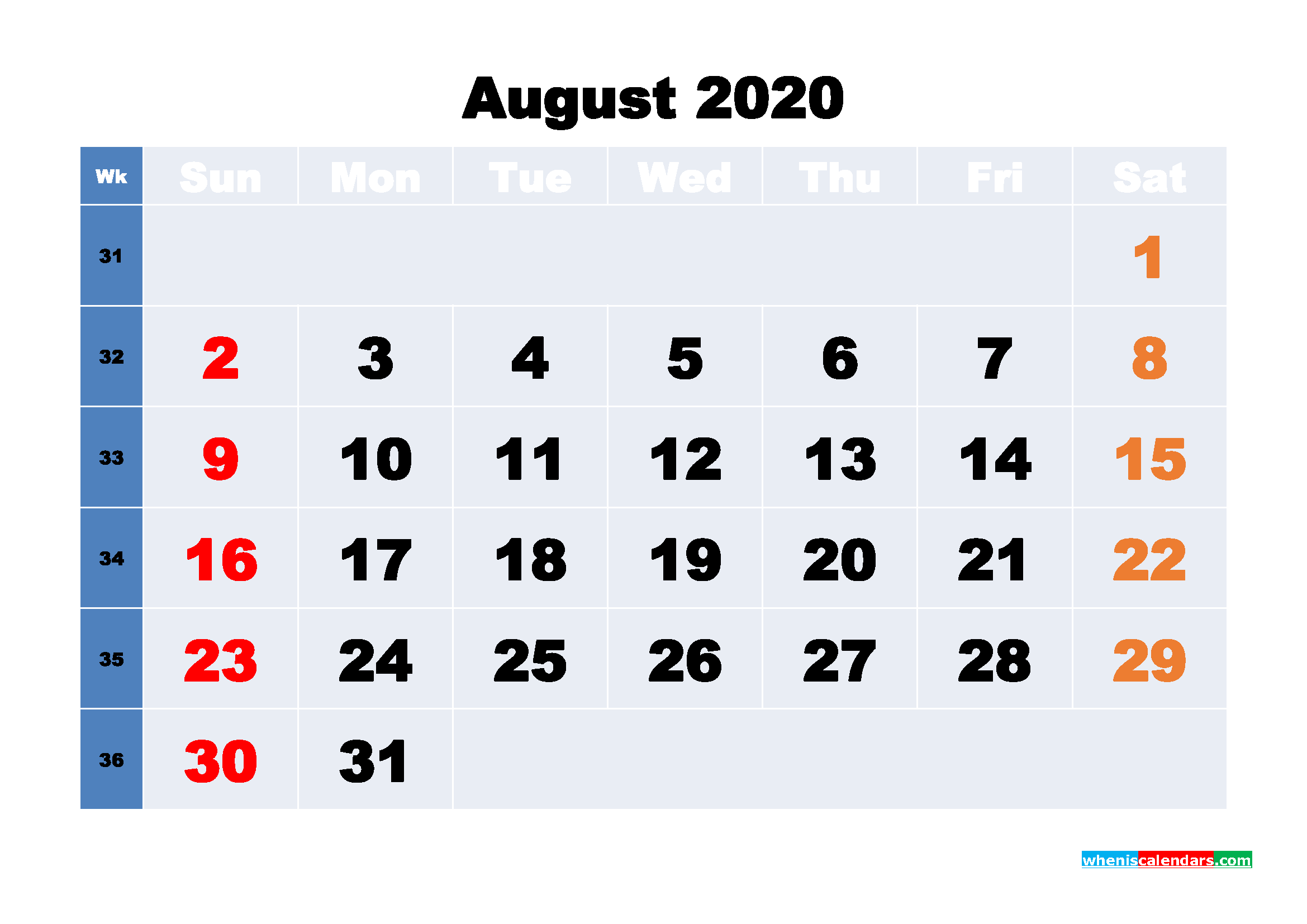 Blank Calendar for August 2020 Printable Word Format