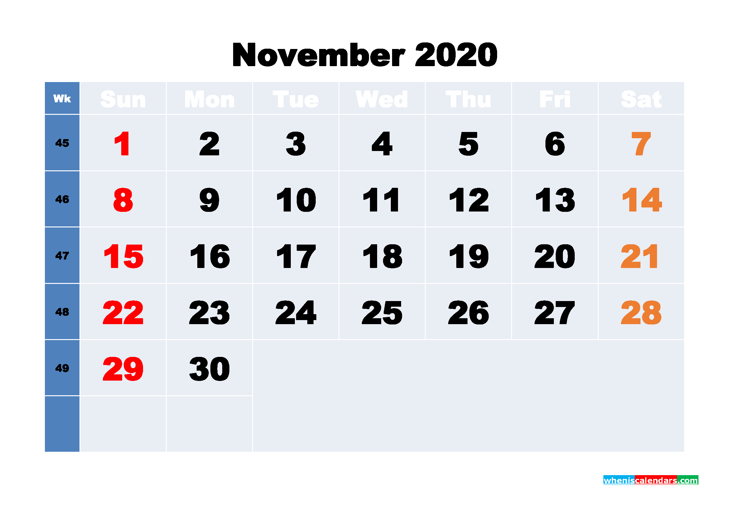 November Printable Calendar 2020 PDF, Word - No.m20b239