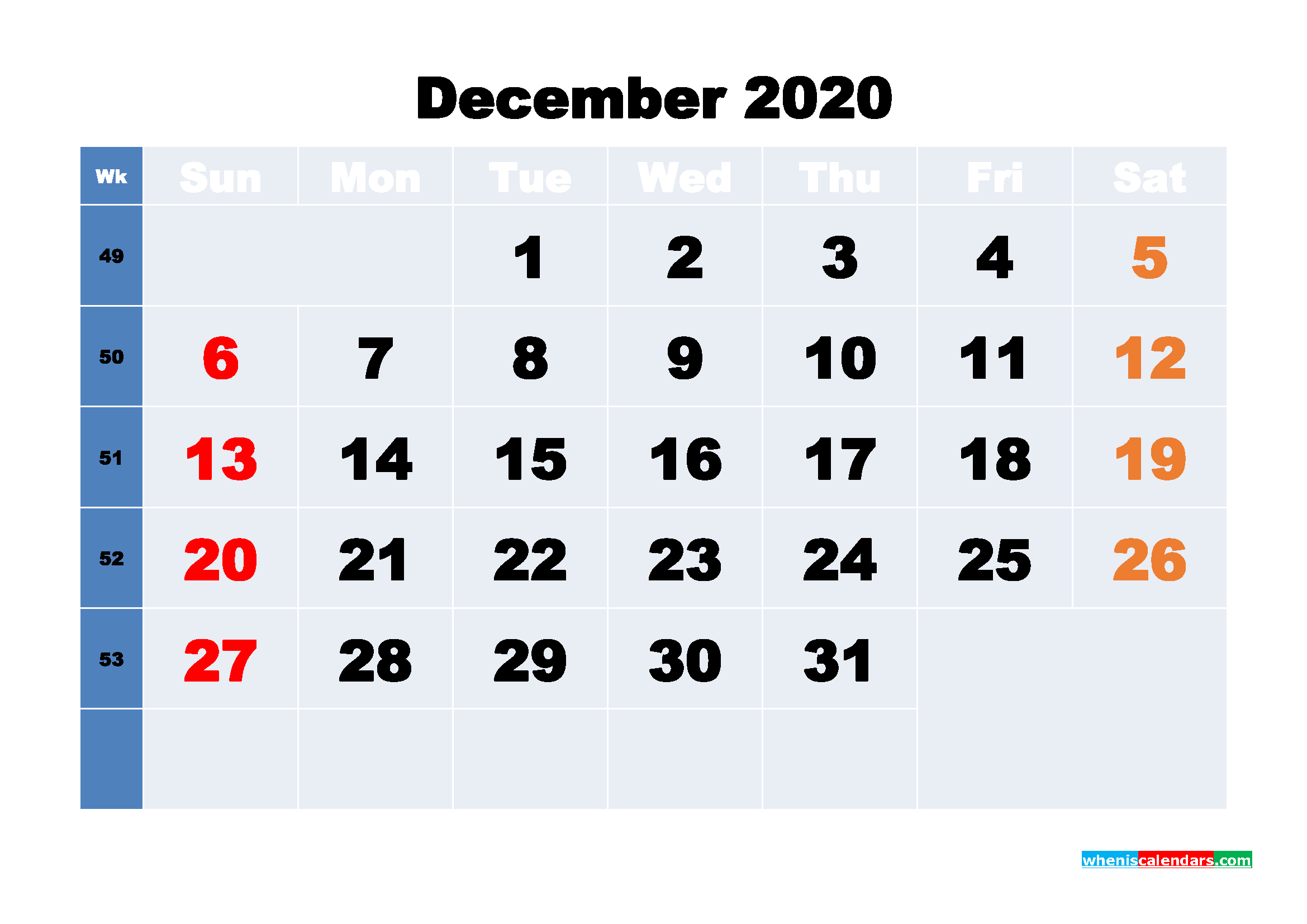 December Printable Calendar 2020 PDF, Word - No.m20b240