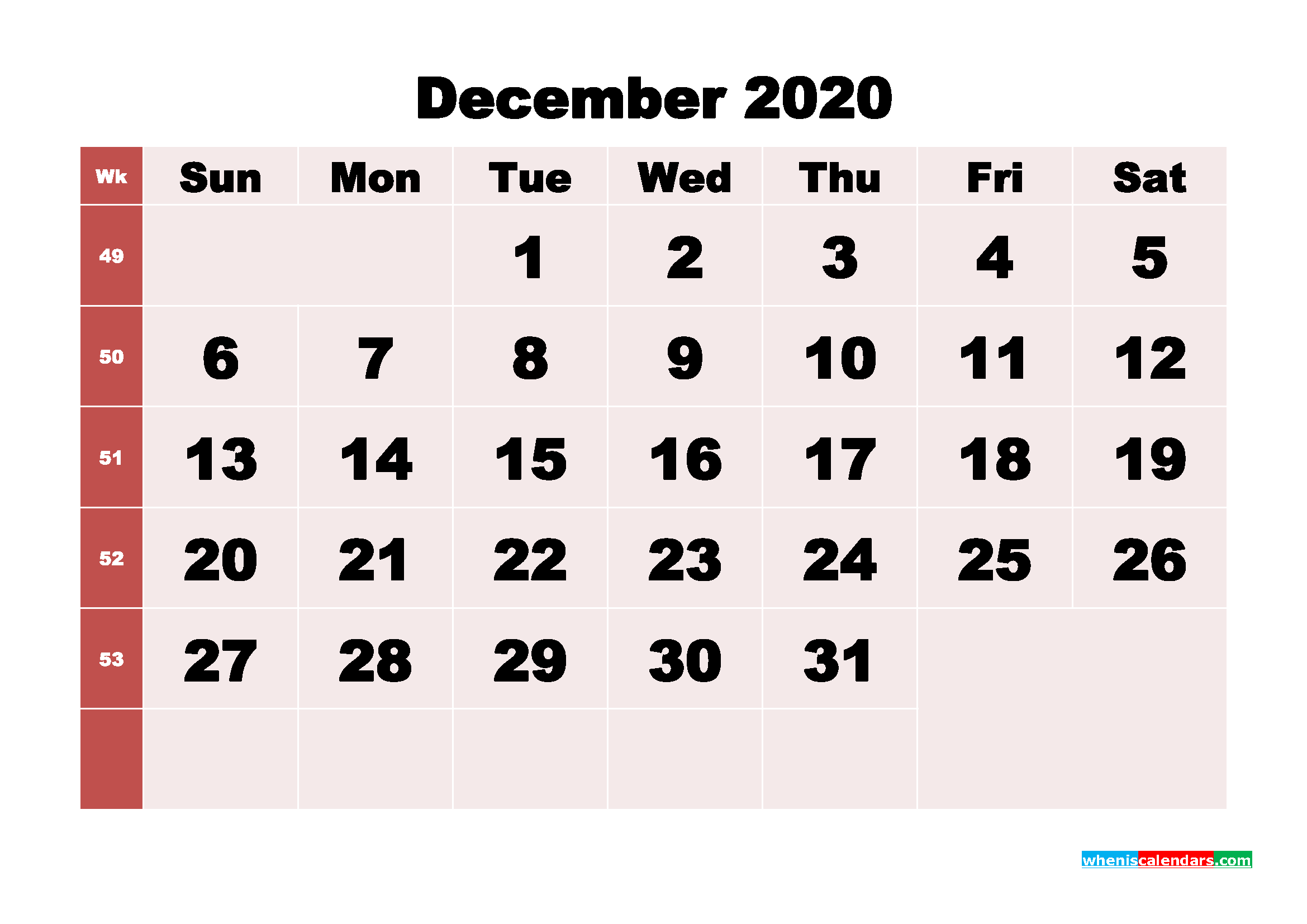Free Printable December 2020 Calendar - No.m20b252