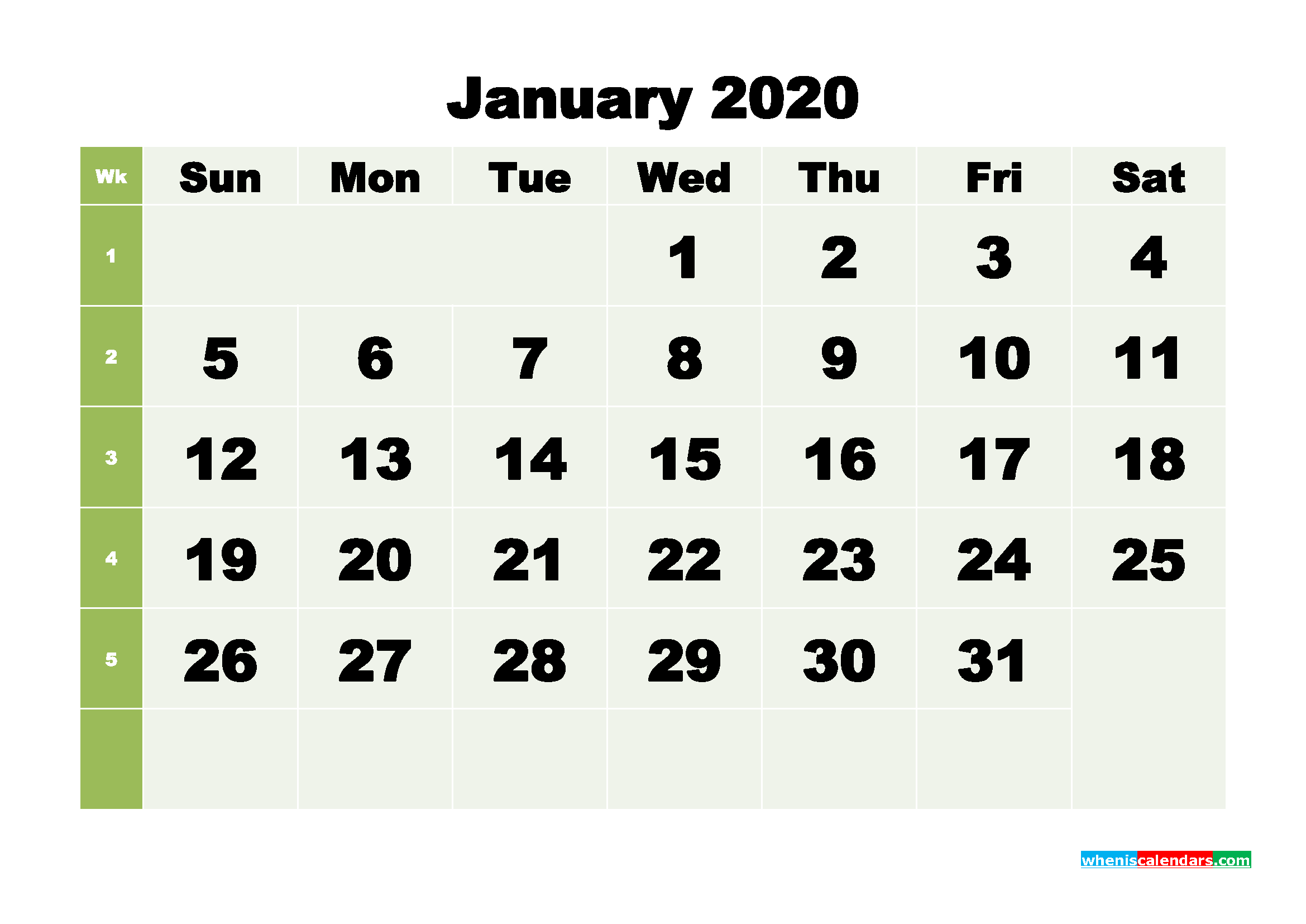 January 2020 Monthly Calendar Template Word