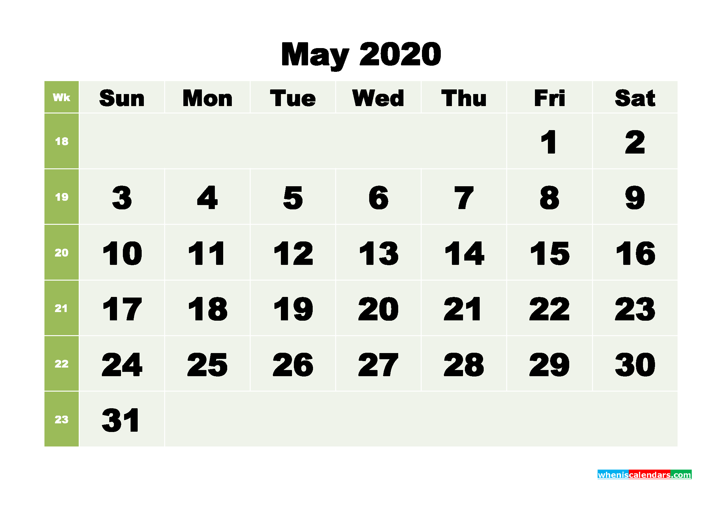 May 2020 Monthly Calendar Template Word