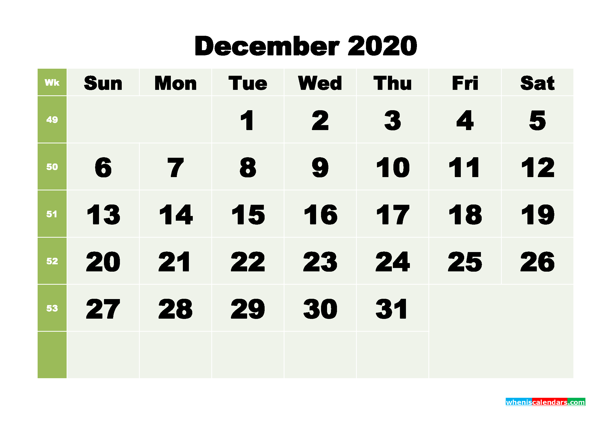 December 2020 Monthly Calendar Template Word
