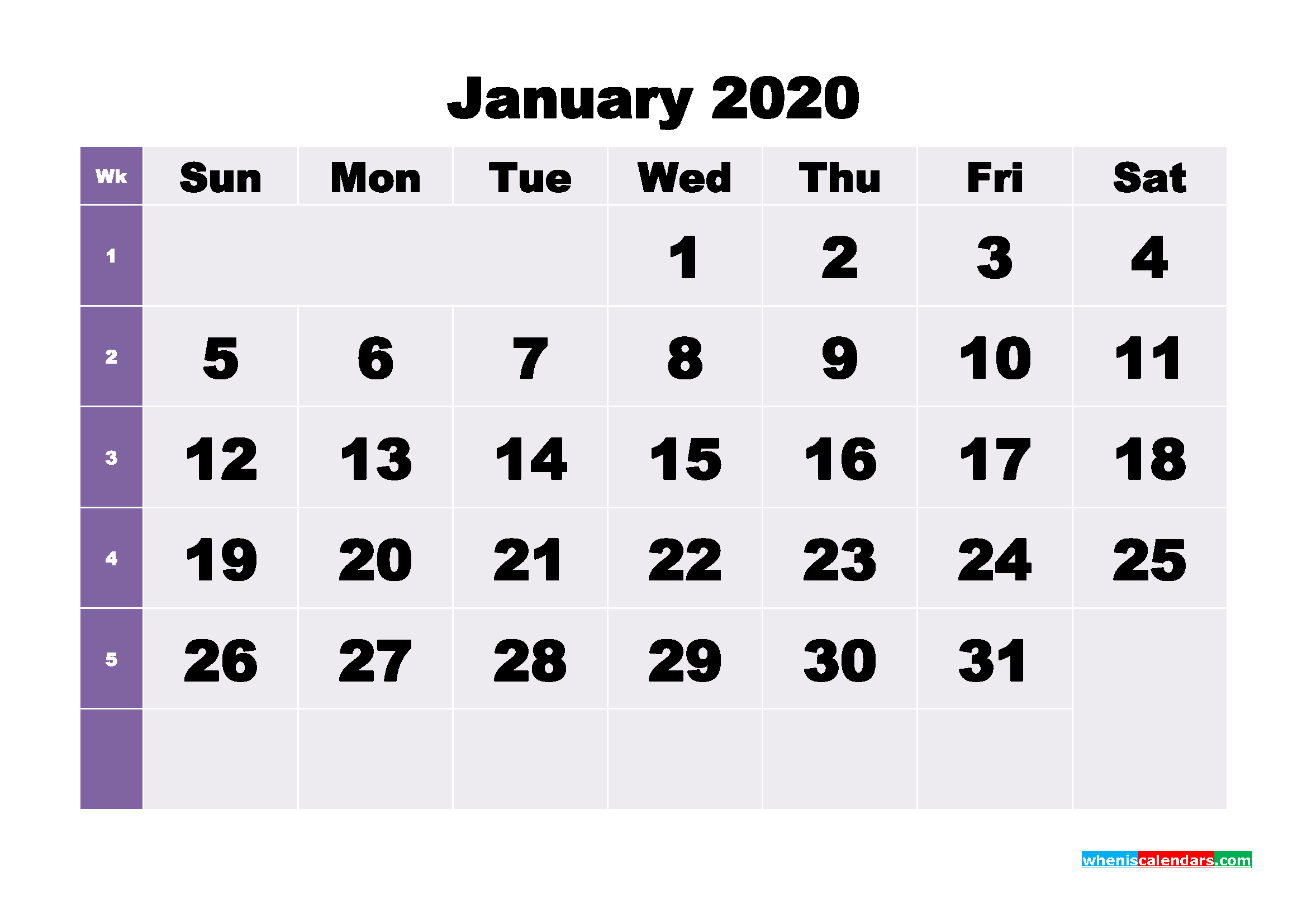 Monthly Printable Calendar 2020 January with Week Numbers