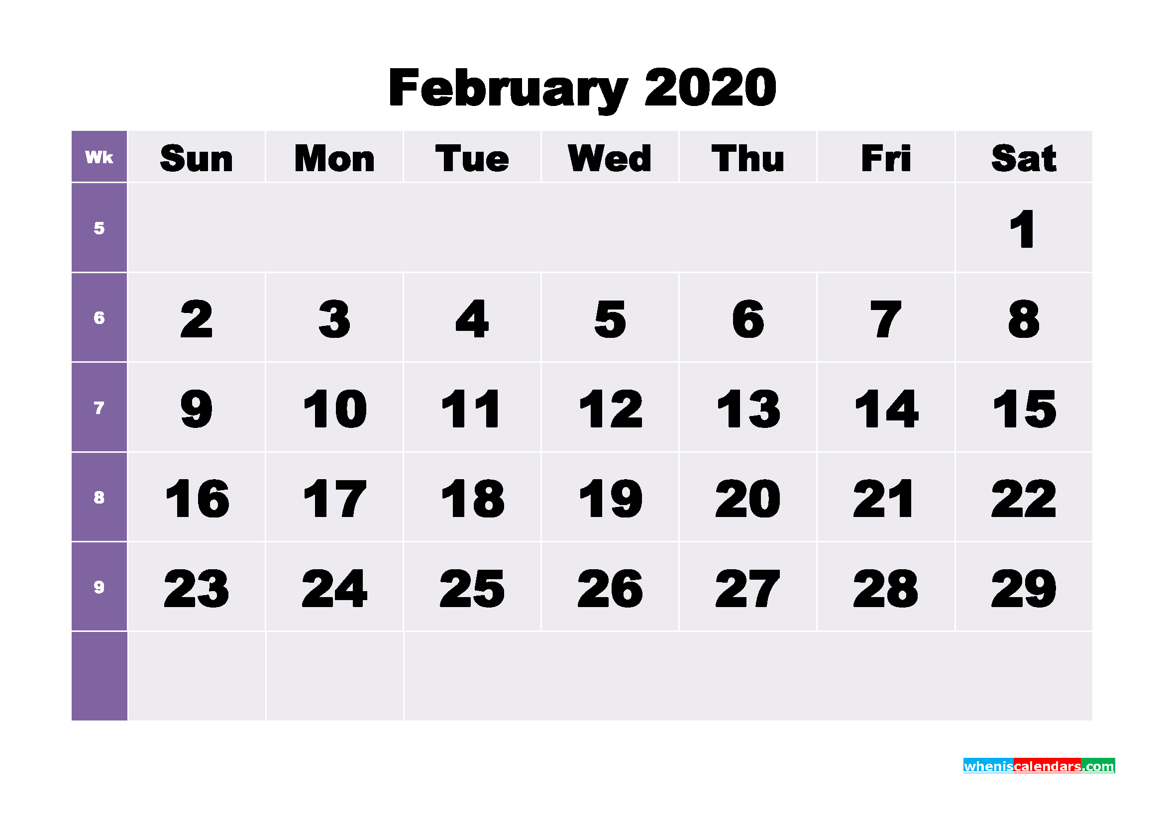 Monthly Printable Calendar 2020 February with Week Numbers