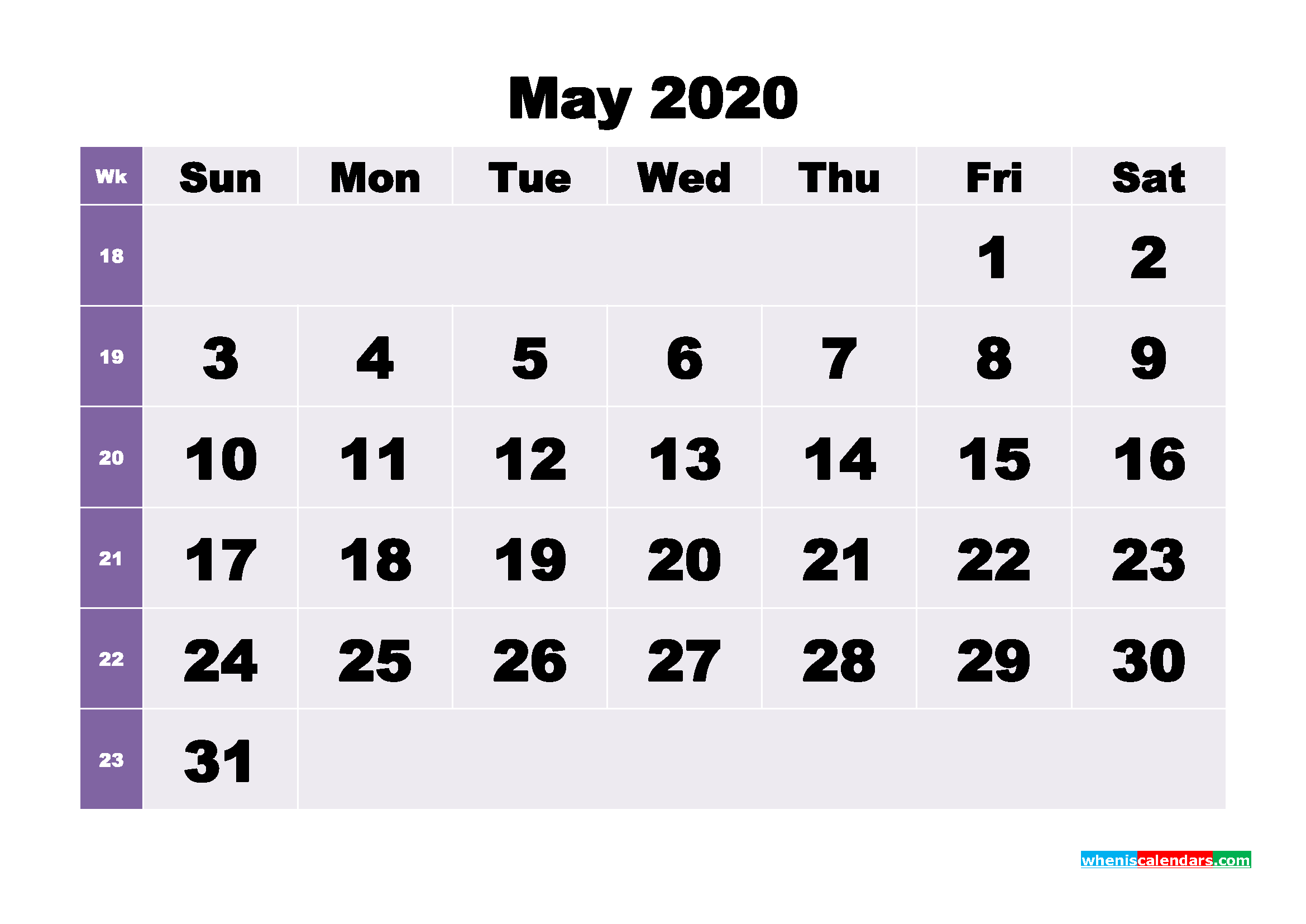Monthly Printable Calendar 2020 May with Week Numbers
