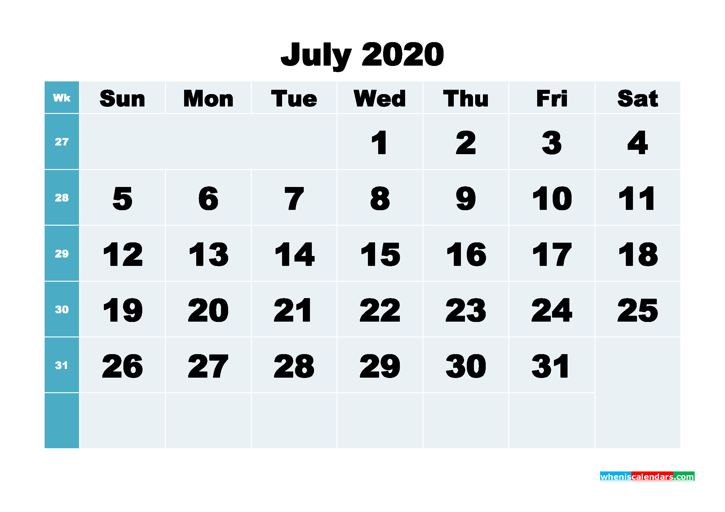 July 2020 Blank Calendar Printable - No.m20b283