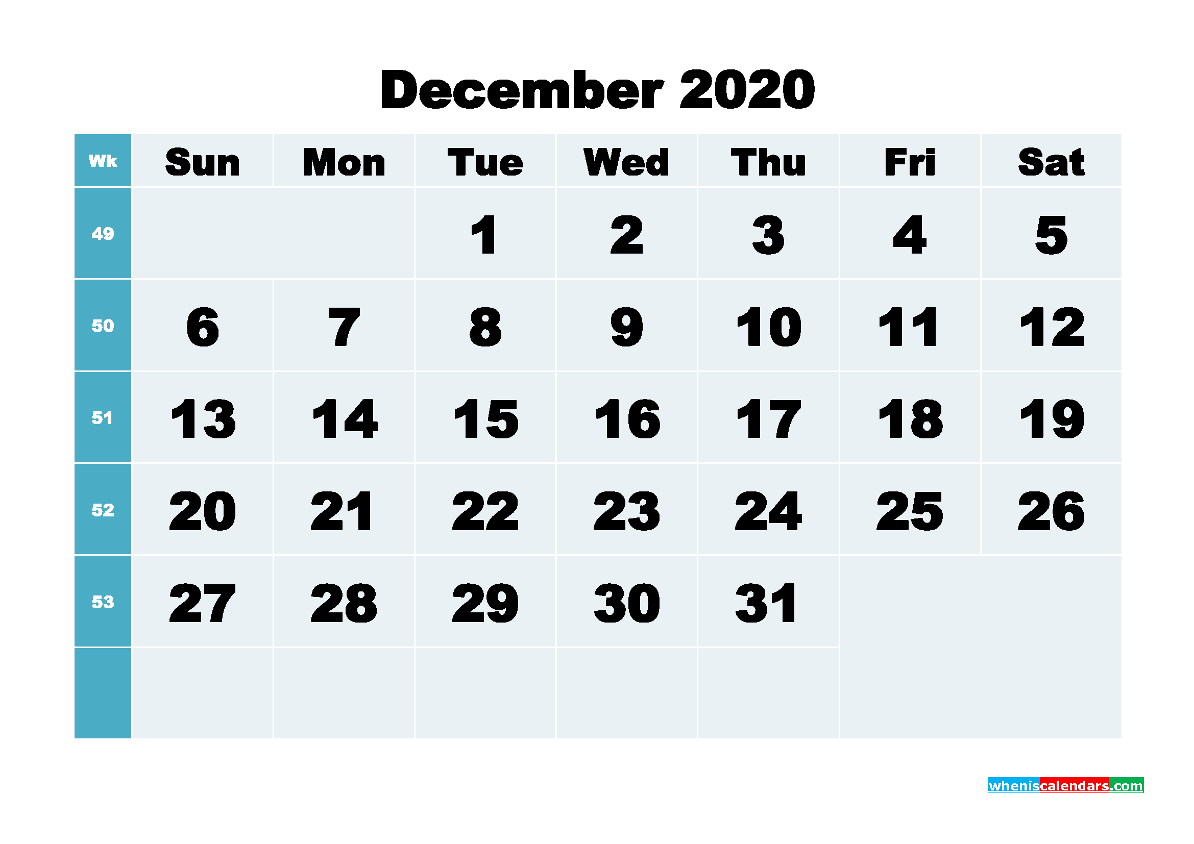 Blank December Calendar 2020 Printable Landscape Layout