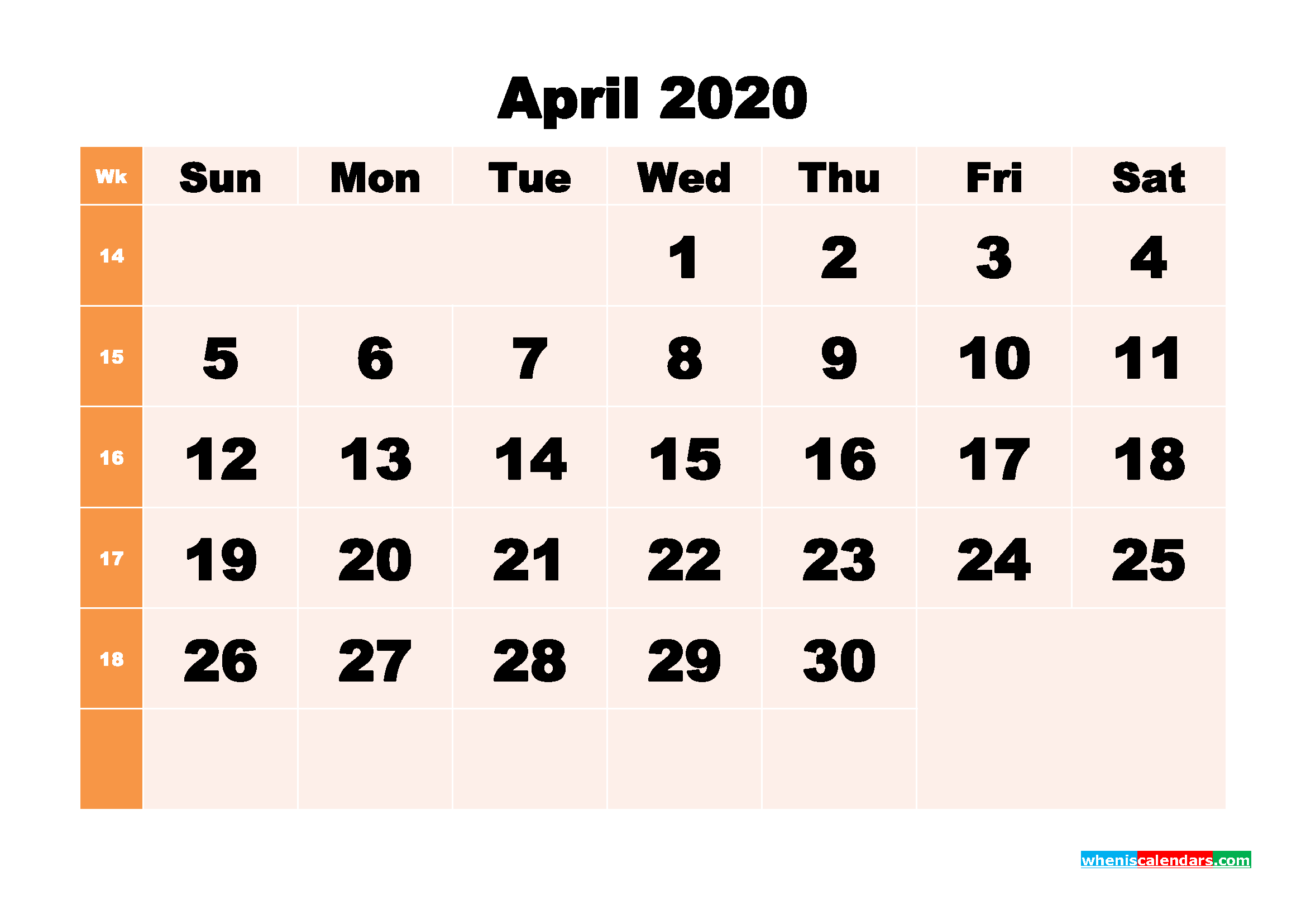 Blank April 2020 Calendar Printable Landscape Layout