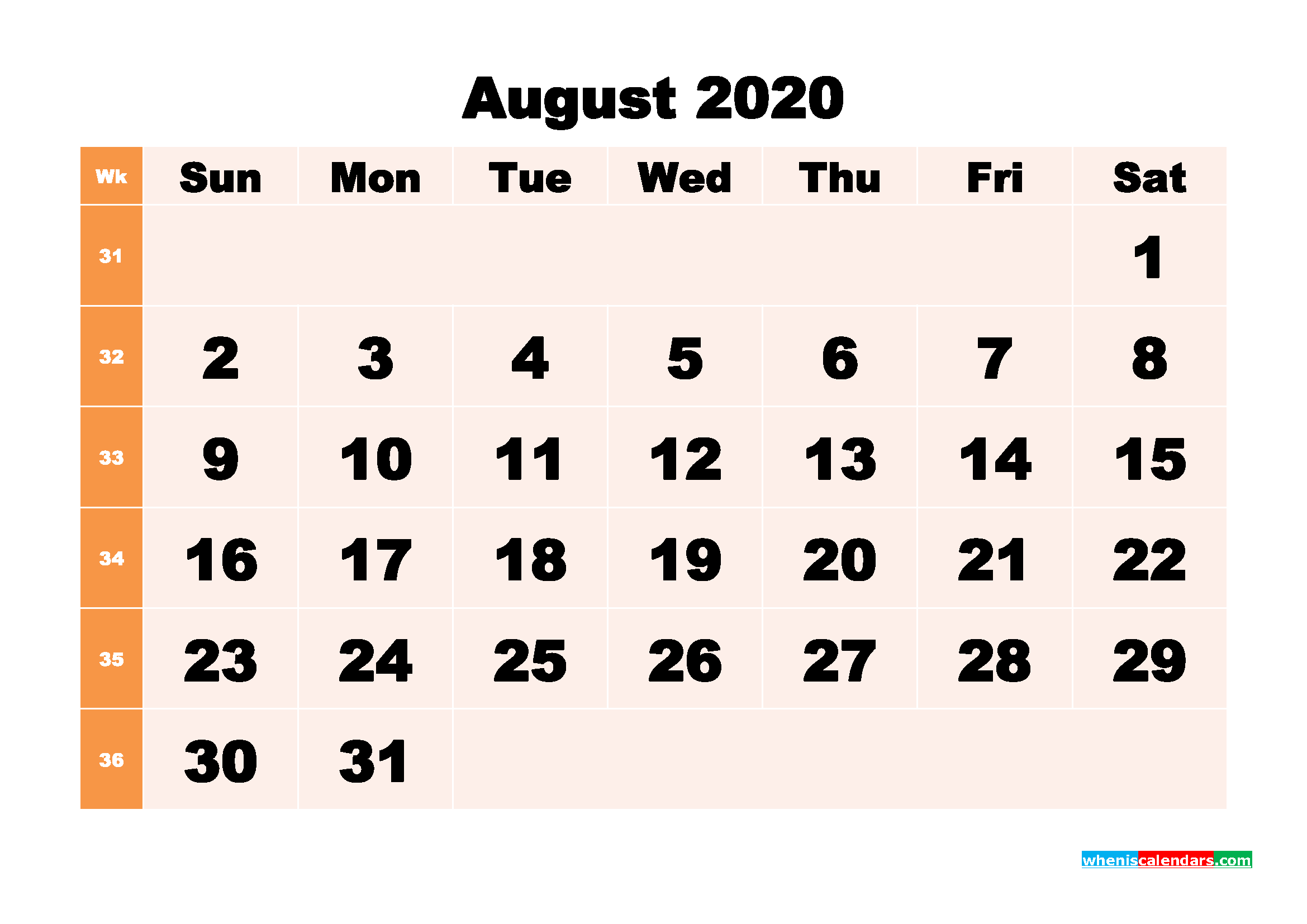 Printable 2020 Monthly Calendar with Week Numbers August