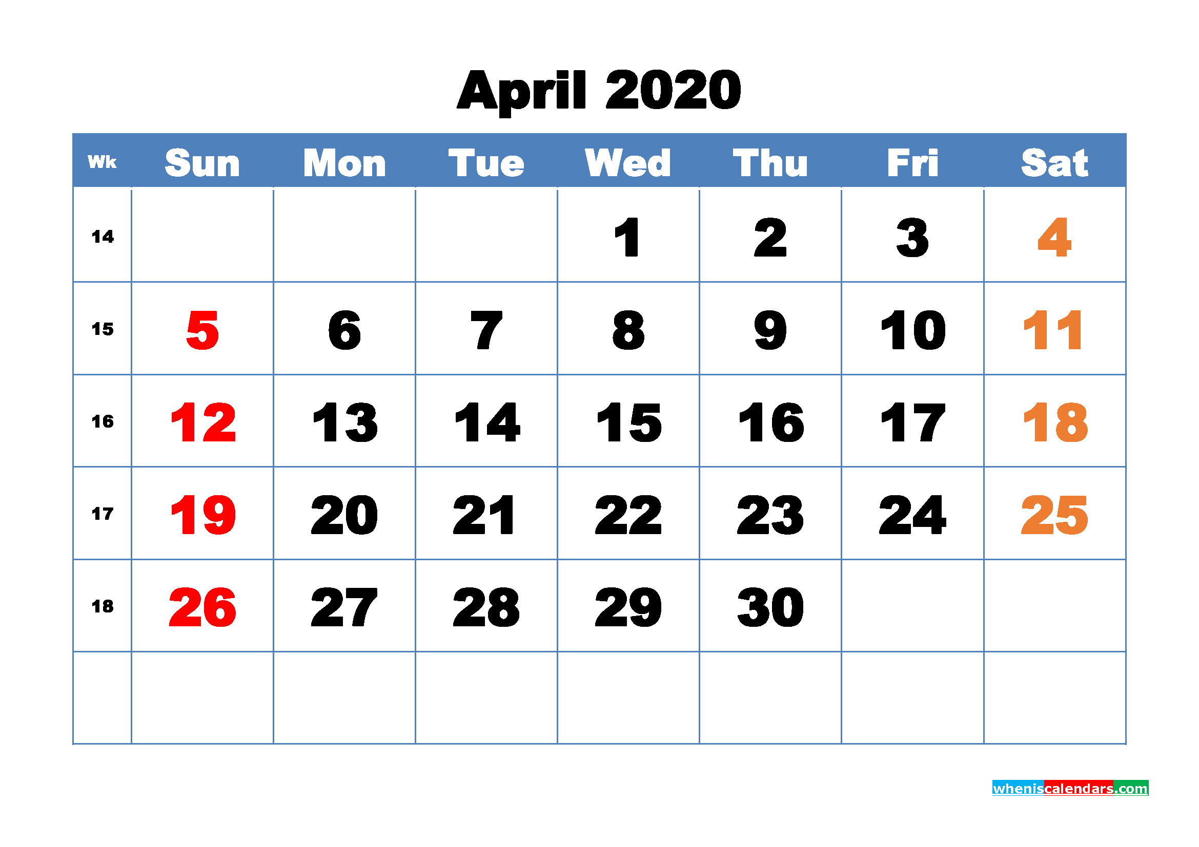 Printable Monthly Calendar 2020 April with Week Numbers