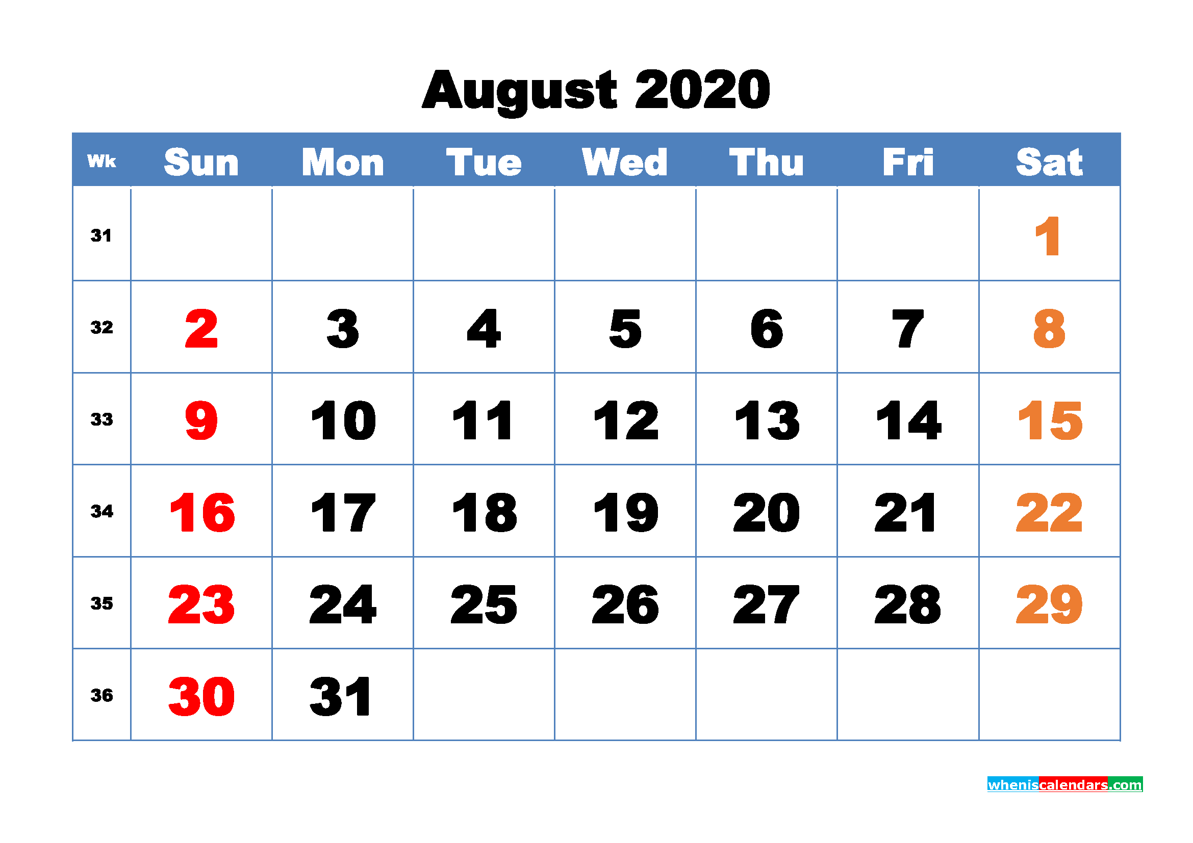 Printable Monthly Calendar 2020 August with Week Numbers