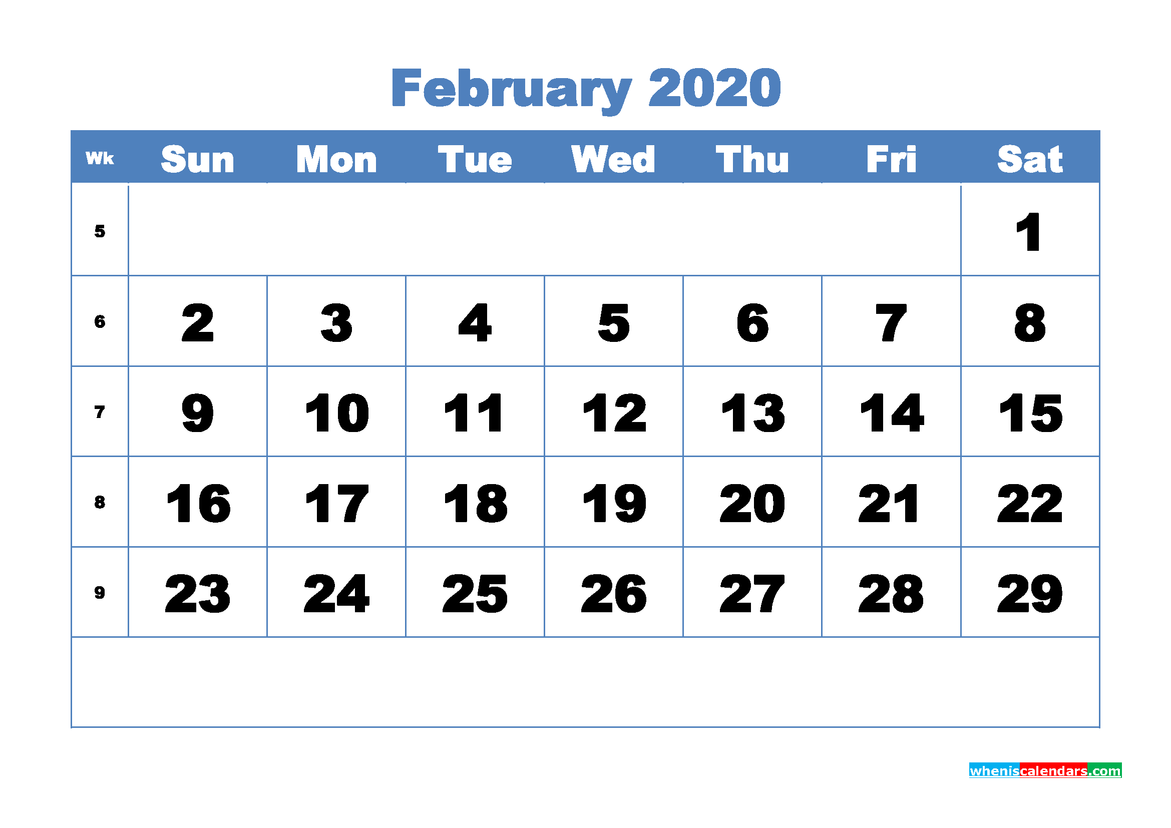 Blank Calendar February 2020 Printable Word, PDF, PNG