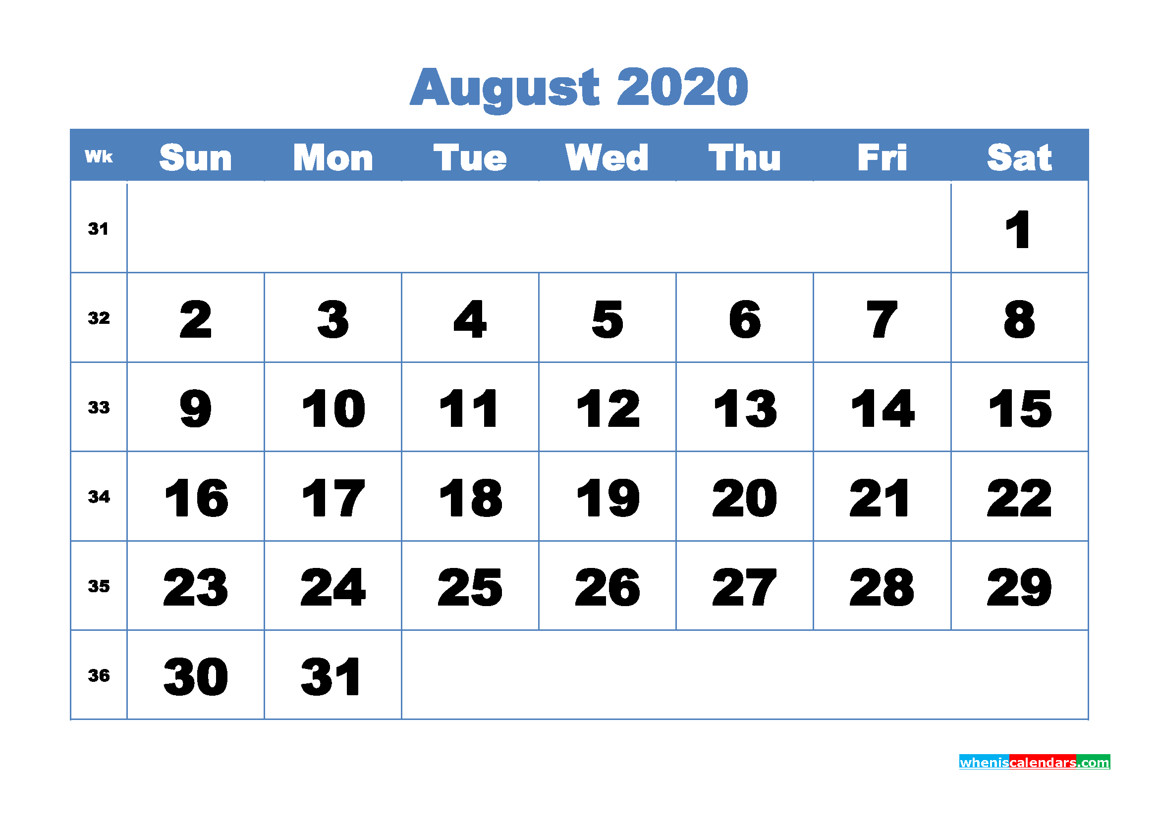 August 2020 Monthly Calendar Template Word