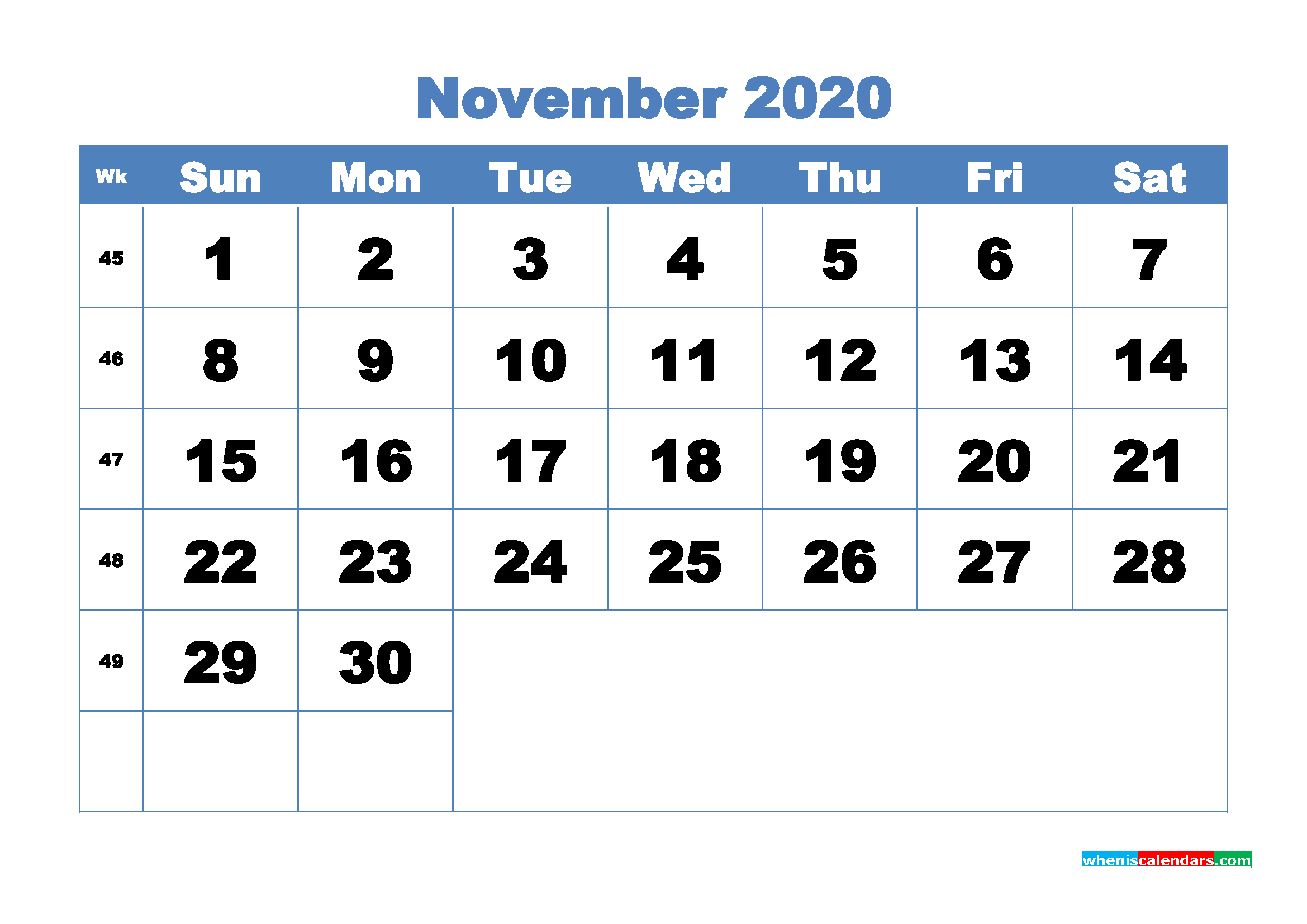 November Printable Calendar 2020 PDF, Word - No.m20b311