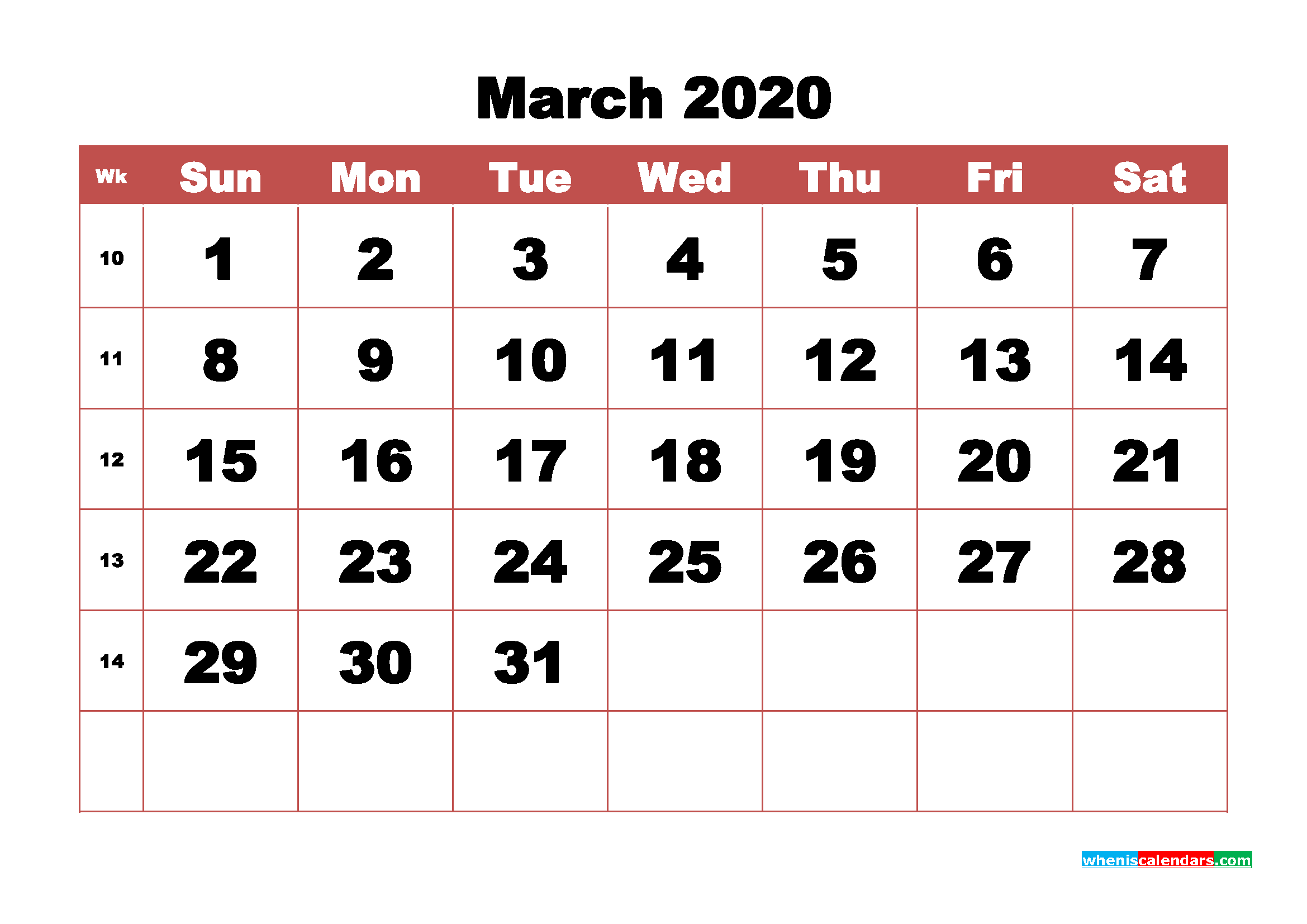 Monthly Printable Calendar 2020 March with Week Numbers