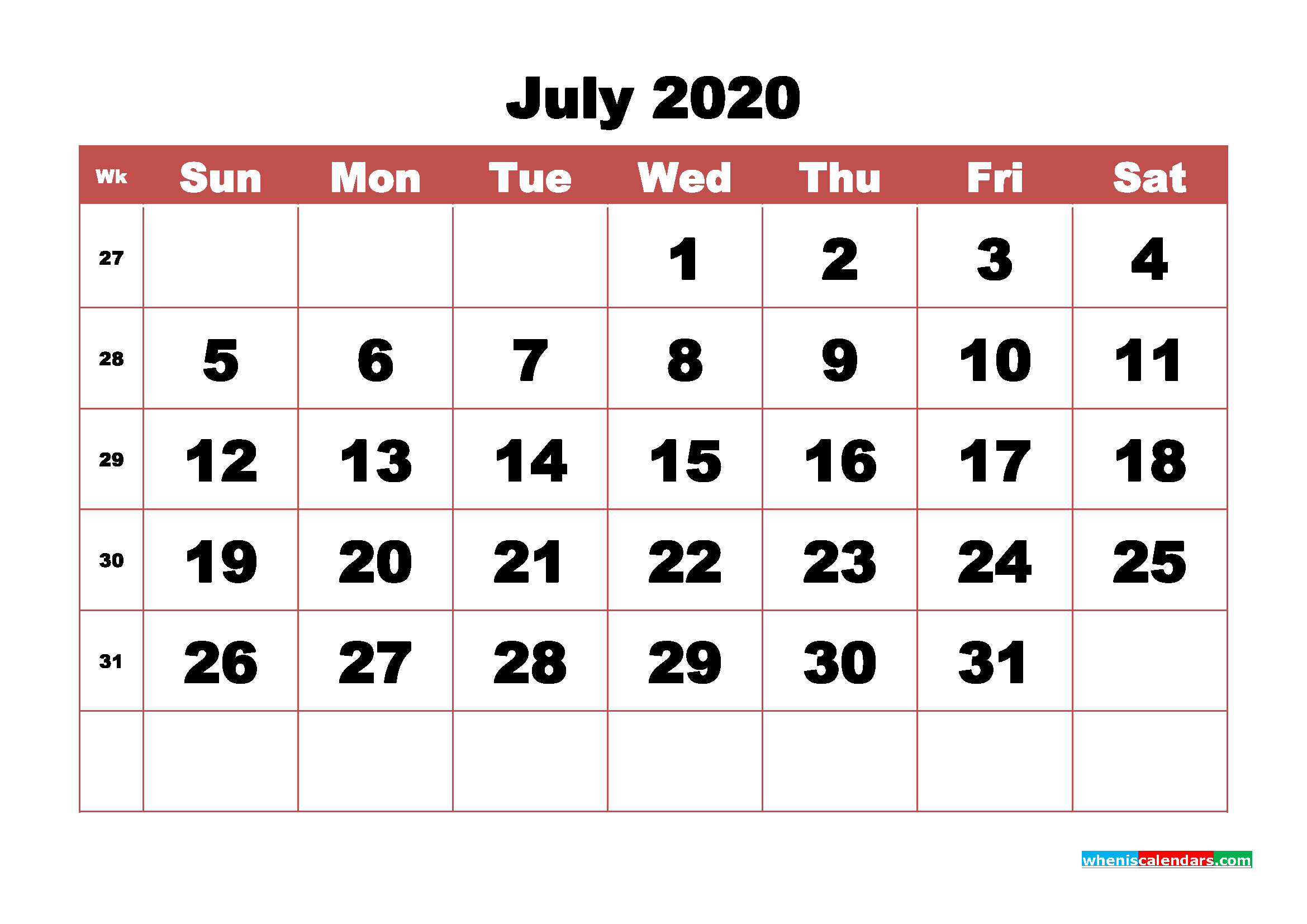 Monthly Printable Calendar 2020 July with Week Numbers