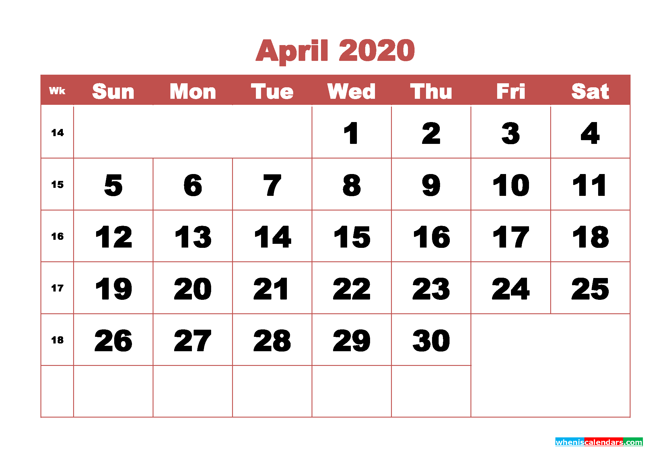 April 2020 Monthly Calendar Template Word