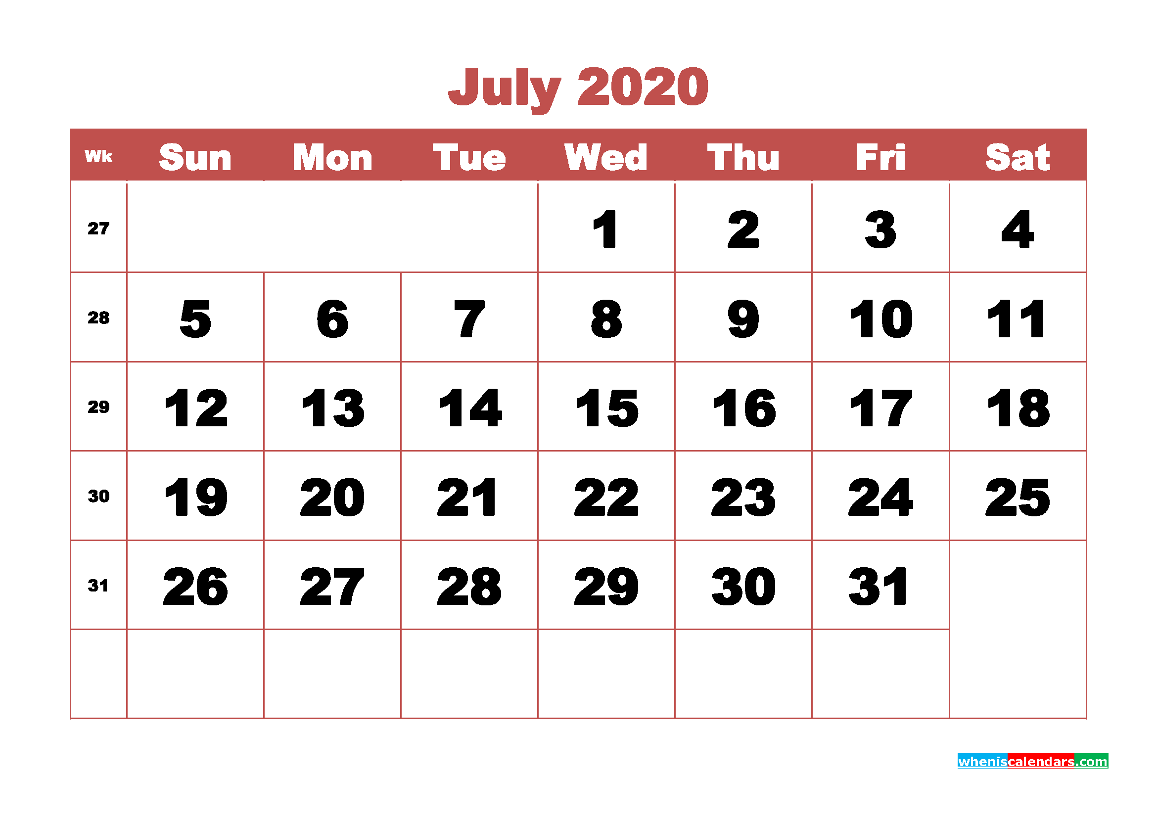 July 2020 Monthly Calendar Template Word